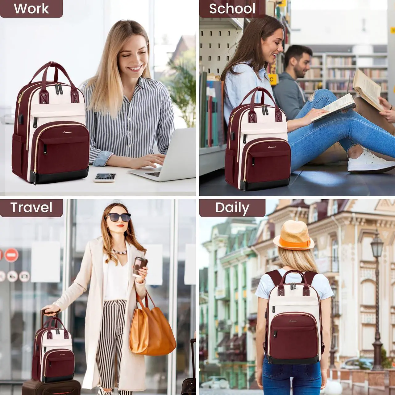 Alt view image 2 of 5 - LOVEVOOK Backpack for Women,Laptop Backpack Women,Fits 17 Inch Laptop Bag,School Backpacks,Fashion Travel Work Anti-theft Bag,Waterproof Business Computer College Backpack Purse,Beige-WineRed-Black