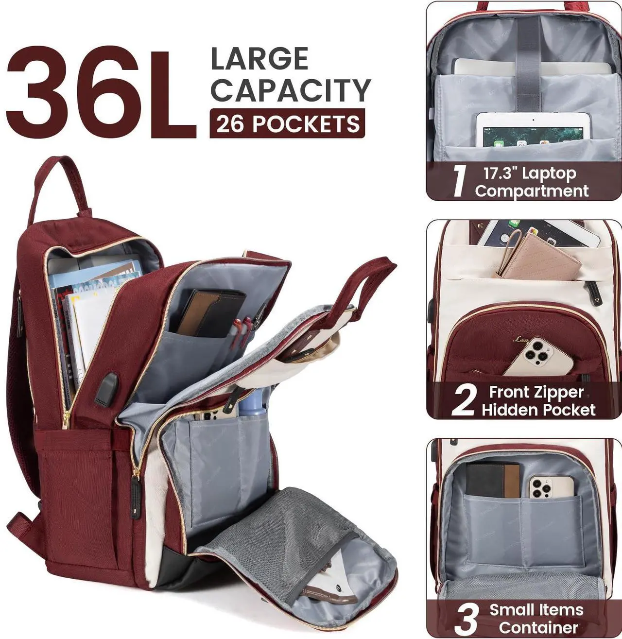 Alt view image 3 of 5 - LOVEVOOK Backpack for Women,Laptop Backpack Women,Fits 17 Inch Laptop Bag,School Backpacks,Fashion Travel Work Anti-theft Bag,Waterproof Business Computer College Backpack Purse,Beige-WineRed-Black
