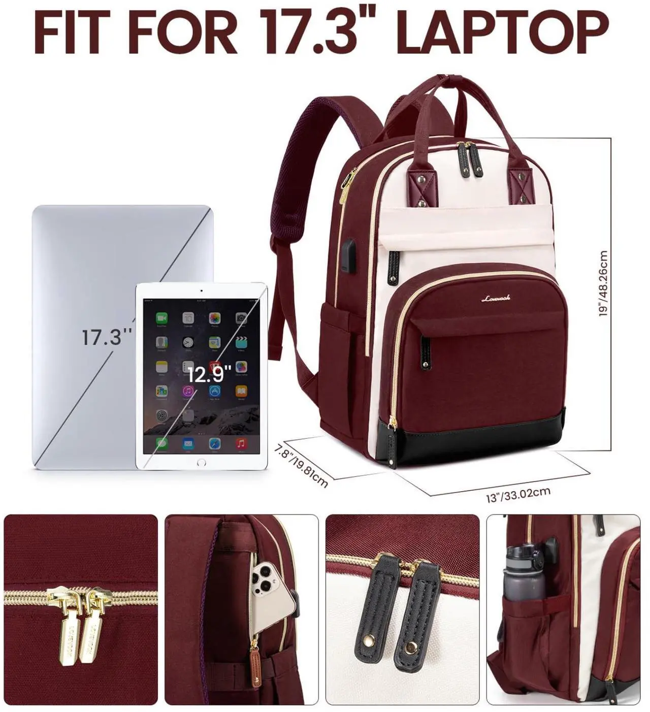 Alt view image 4 of 5 - LOVEVOOK Backpack for Women,Laptop Backpack Women,Fits 17 Inch Laptop Bag,School Backpacks,Fashion Travel Work Anti-theft Bag,Waterproof Business Computer College Backpack Purse,Beige-WineRed-Black