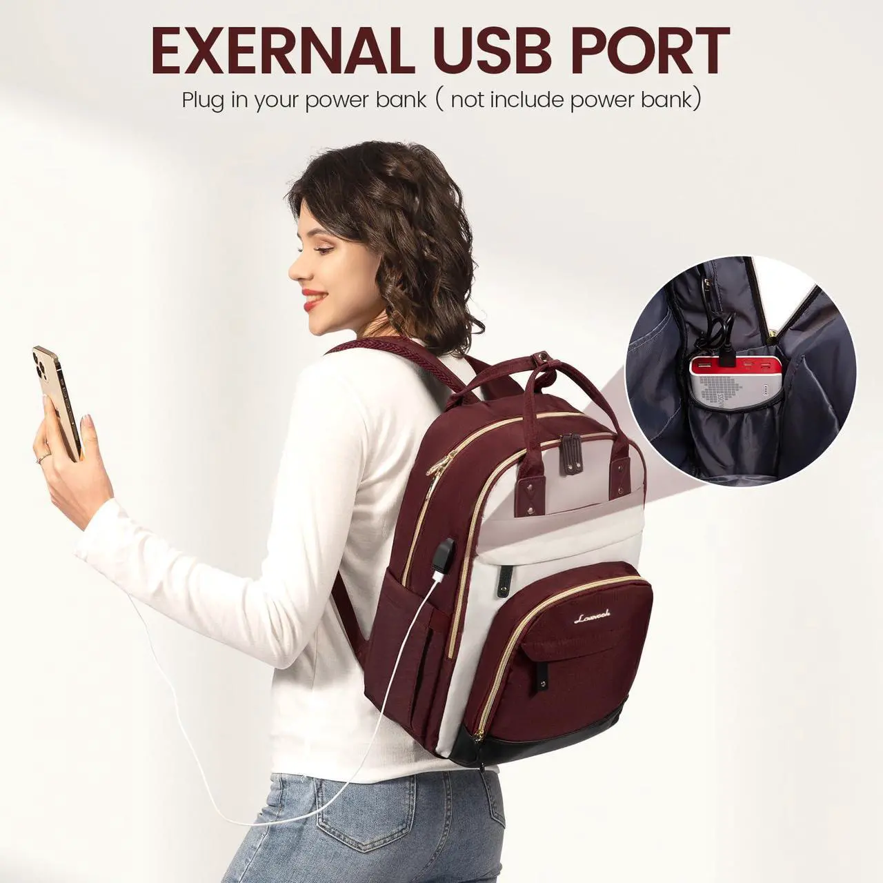 Alt view image 5 of 5 - LOVEVOOK Backpack for Women,Laptop Backpack Women,Fits 17 Inch Laptop Bag,School Backpacks,Fashion Travel Work Anti-theft Bag,Waterproof Business Computer College Backpack Purse,Beige-WineRed-Black