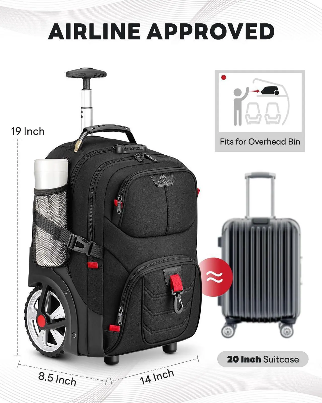Alt view image 3 of 5 - MATEIN Rolling Bag with Wheels, 17 Inch Extra Large Laptop Roller Backpack for Adults with Anti Theft Lock & USB Charging Port, Water Resistant Wheeled Bag Carry On Luggage for Teacher Work Travel Men