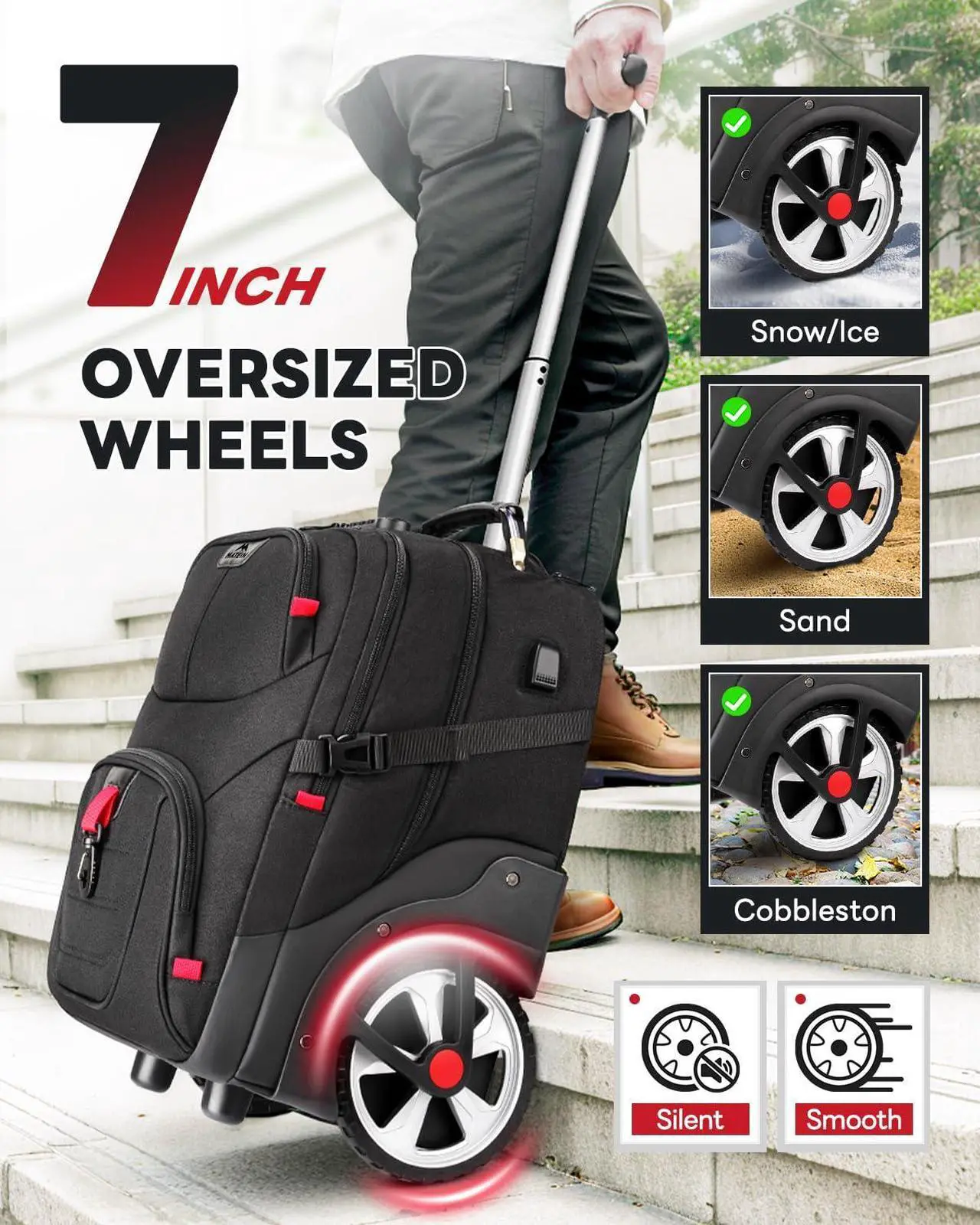 Alt view image 2 of 5 - MATEIN Rolling Bag with Wheels, 17 Inch Extra Large Laptop Roller Backpack for Adults with Anti Theft Lock & USB Charging Port, Water Resistant Wheeled Bag Carry On Luggage for Teacher Work Travel Men