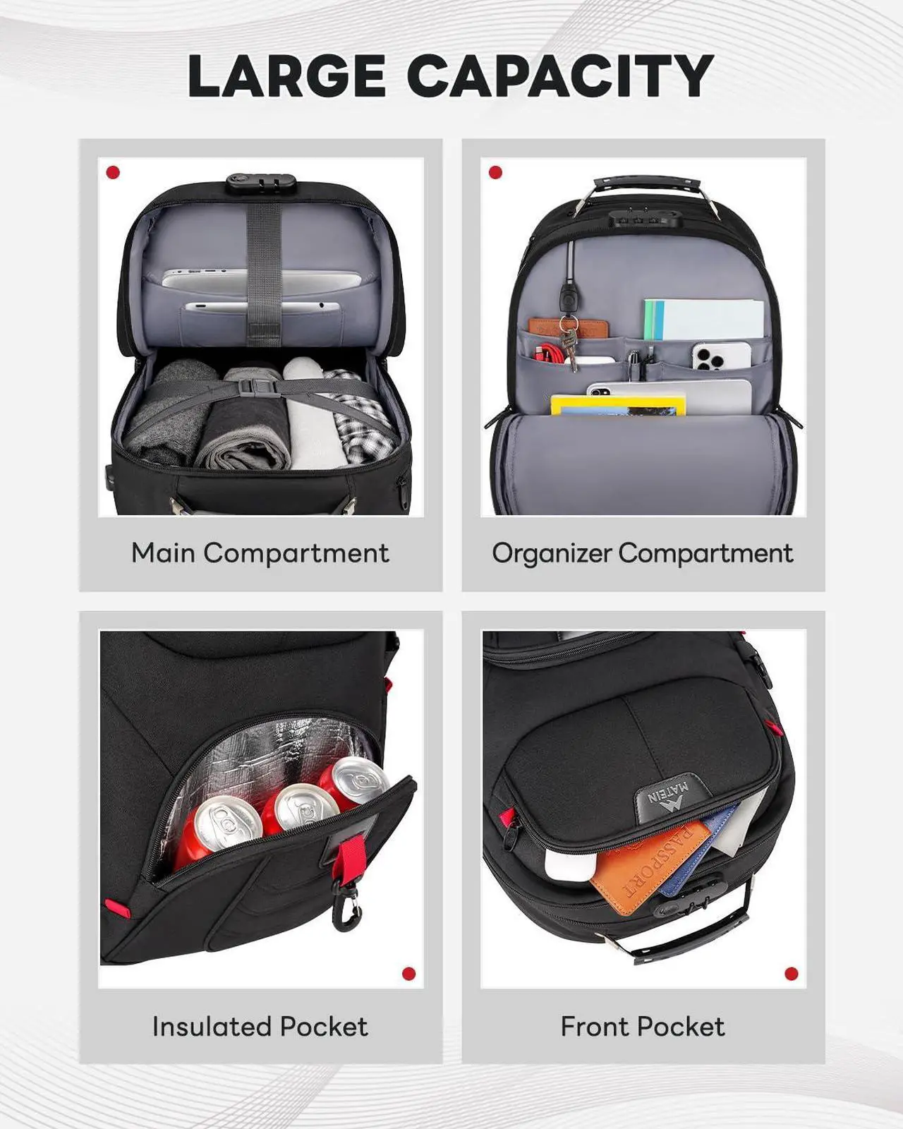 Alt view image 4 of 5 - MATEIN Rolling Bag with Wheels, 17 Inch Extra Large Laptop Roller Backpack for Adults with Anti Theft Lock & USB Charging Port, Water Resistant Wheeled Bag Carry On Luggage for Teacher Work Travel Men