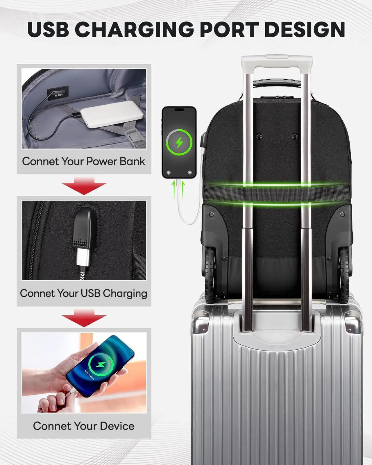 Alt view image 5 of 5 - MATEIN Rolling Bag with Wheels, 17 Inch Extra Large Laptop Roller Backpack for Adults with Anti Theft Lock & USB Charging Port, Water Resistant Wheeled Bag Carry On Luggage for Teacher Work Travel Men
