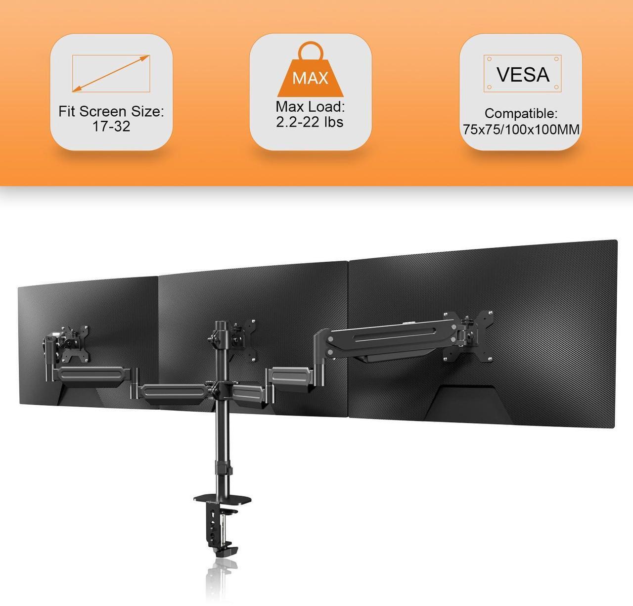 Alt view image 3 of 5 - Pholiten Triple Monitor Stand,Triple Monitor Mount,Triple Gas Spring Monitor Arm,Monitor Stands for 3 Monitors,3 Monitor Desk Mount, Fits Three 17-32 inch LCD Computer Screens,Holds up to 22lb