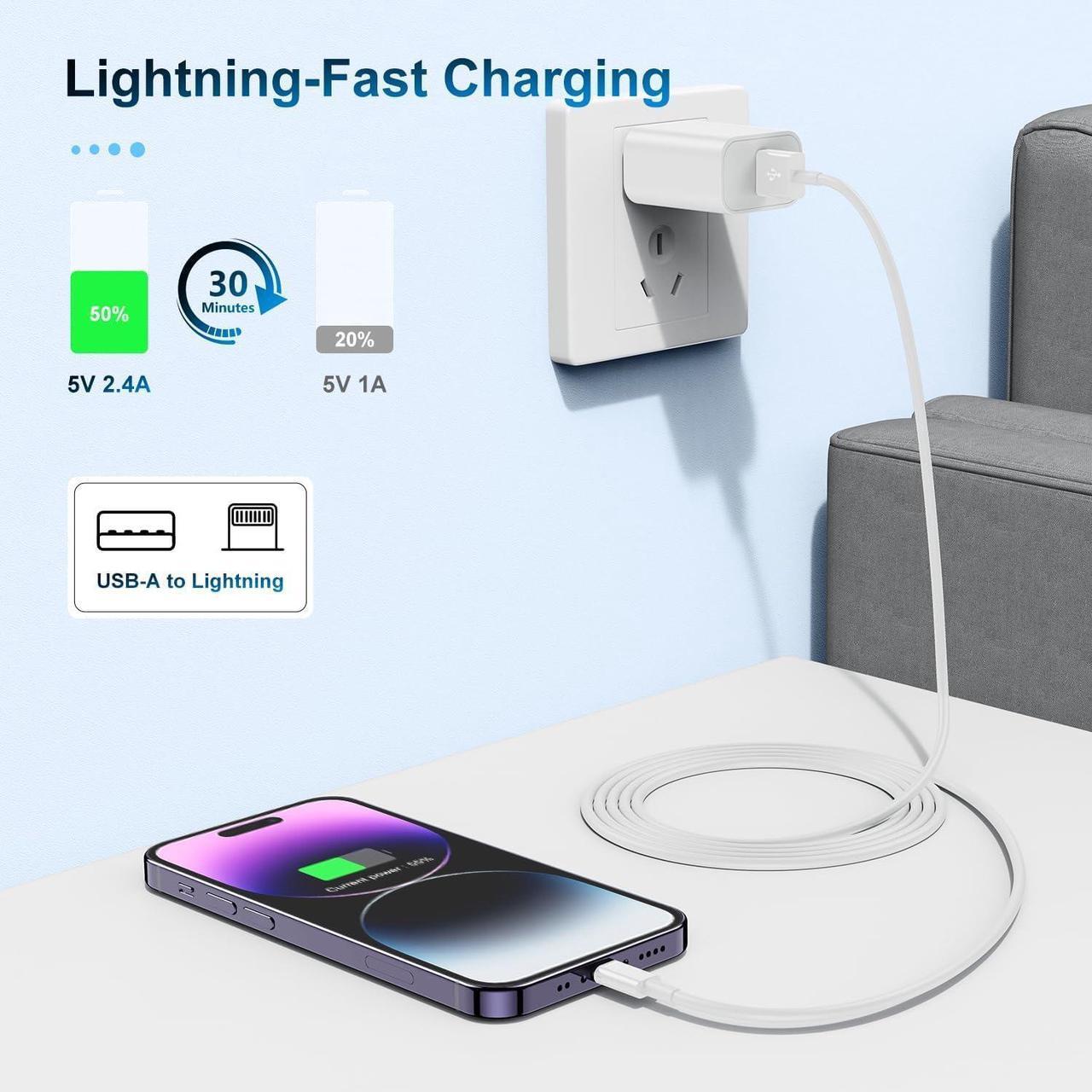 Alt view image 4 of 5 - 2 Pack Apple MFi Certified Charger Cable 15ft, Lightning to USB Cable Cord 15 Foot, 2.4A Fast Charging,Apple Phone Long Chargers for iPhone 13/12/11/11Pro/11Max/ X/XS/XR/XS Max/8/7/6 White