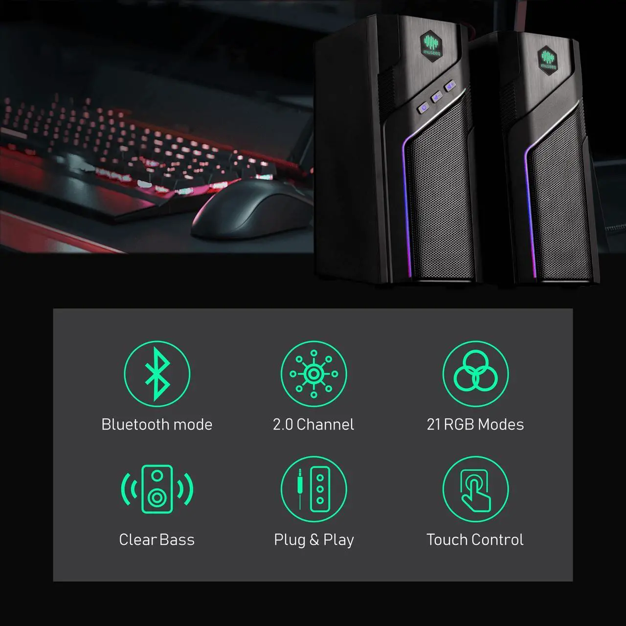Alt view image 2 of 5 - museeq Gaming Computer Speakers, PC Speakers for Desktop with Dynamic Lighting - 21 Modes Touch Control,USB Powered Stereo Sound with Bluetooth 5.1,for PC Desktop, Laptop