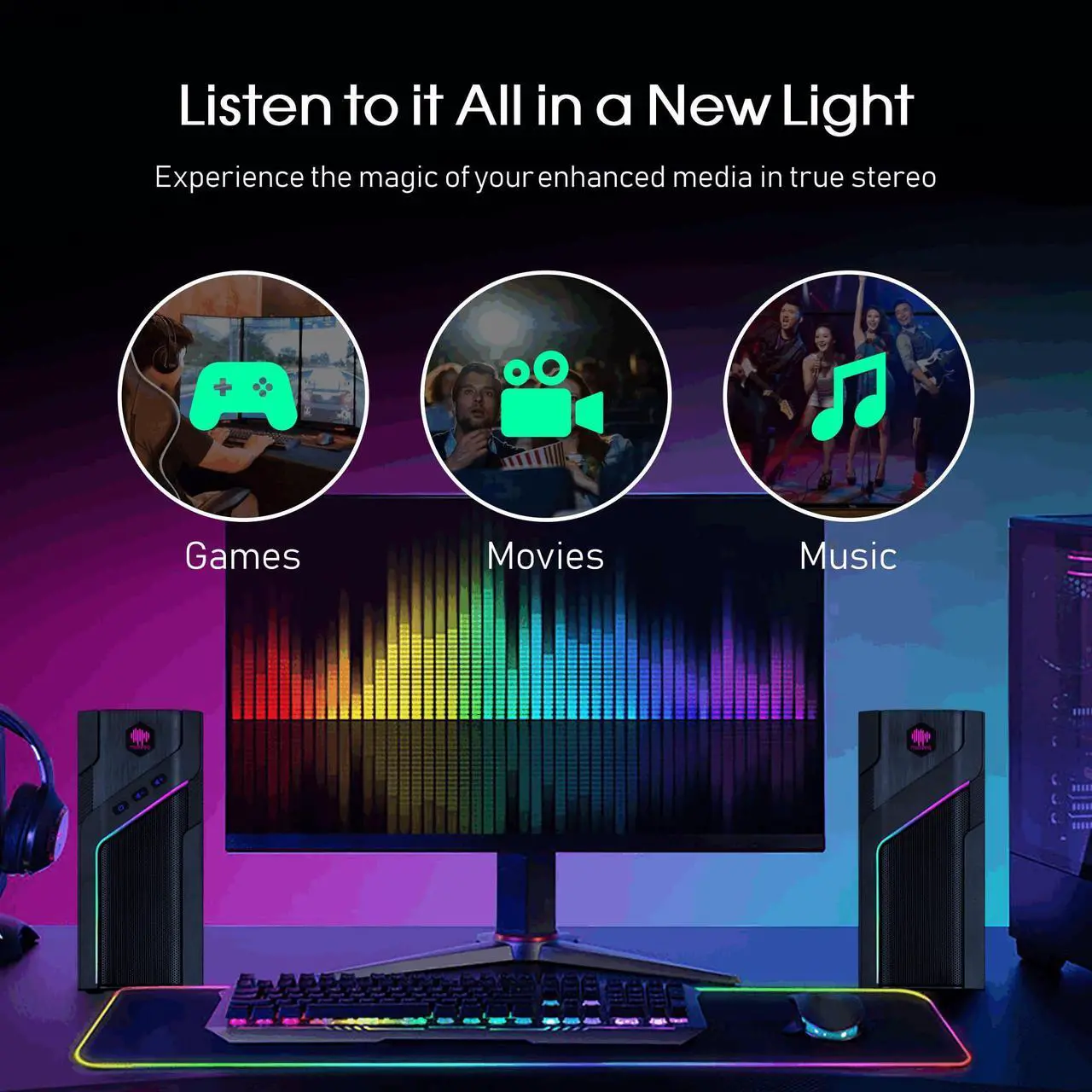 Alt view image 3 of 5 - museeq Gaming Computer Speakers, PC Speakers for Desktop with Dynamic Lighting - 21 Modes Touch Control,USB Powered Stereo Sound with Bluetooth 5.1,for PC Desktop, Laptop