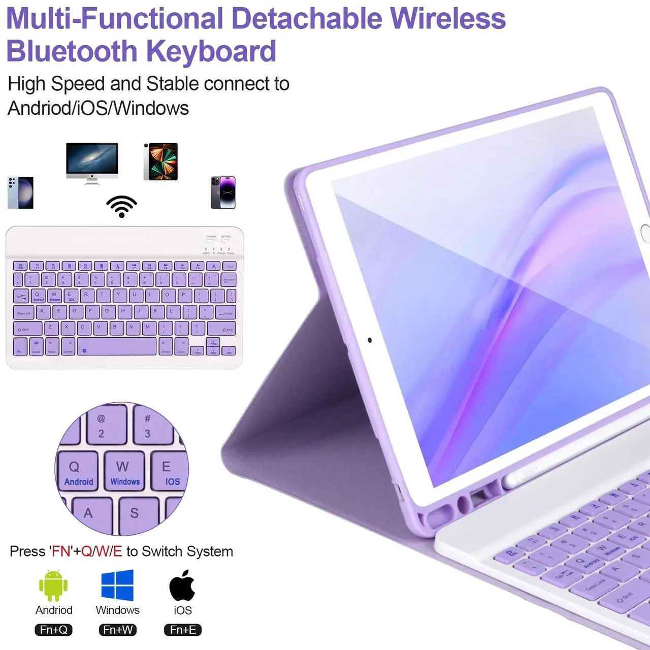 Alt view image 3 of 5 - AHYWTAN Keyboard Case for iPad 9/8/7th Gen 10.2,Case with Keyboard ipad 10.2 inch,Keyboard for iPad 9th Gen,Bluetooth Keyboard for iPad 10.2,iPad Keyboard Case 9th Gen with Pencil Holder (Purple)