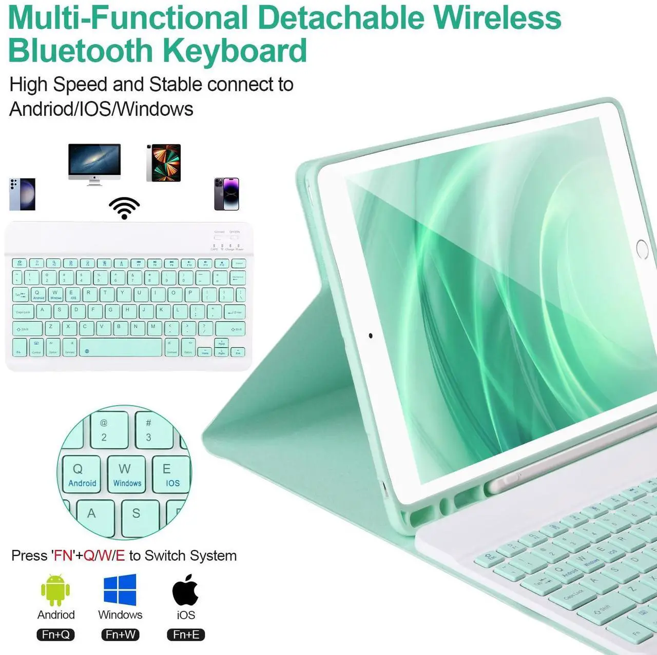 Alt view image 3 of 5 - AHYWTAN Keyboard Case for iPad 9/8/7th Gen 10.2,Case with Keyboard ipad 10.2 inch,Keyboard for iPad 9th Gen,Bluetooth Keyboard for iPad 10.2,iPad Keyboard Case 9th Gen with Pencil Holder (Green)