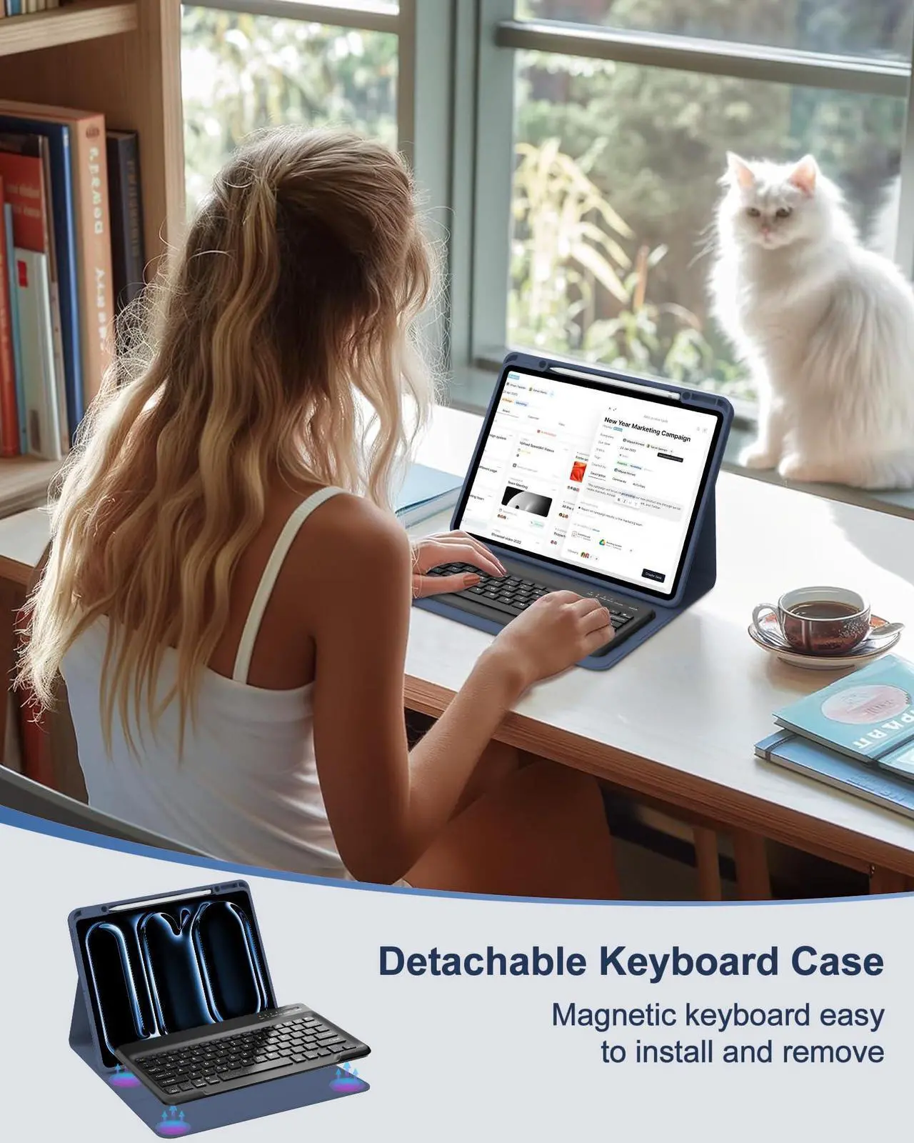 Alt view image 4 of 5 - iPad Pro 13 inch Case 2024 with Keyboard, Smart Folio Cover with Upper Pencil Holder for iPad Pro 13-inch M4, Rechargeable, Magnetic Detachable Bluetooth Keyboard for iPad Pro 7th Gen 13inch - Navy