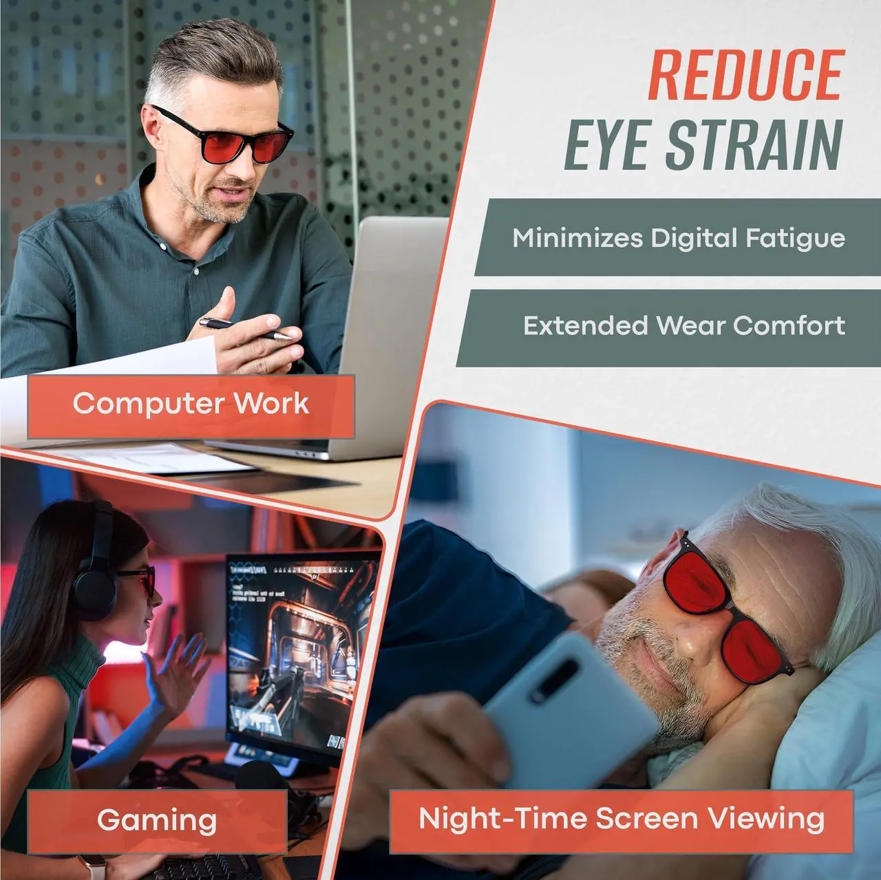 Alt view image 2 of 5 - AU CLAIRE Sleep Glasses for 99.9% Blue Green Light Blocking Dual AR Coatings Red Lens for Computer Gaming Screen Reduce Eyestrain (Eclipse (Grey Frame))