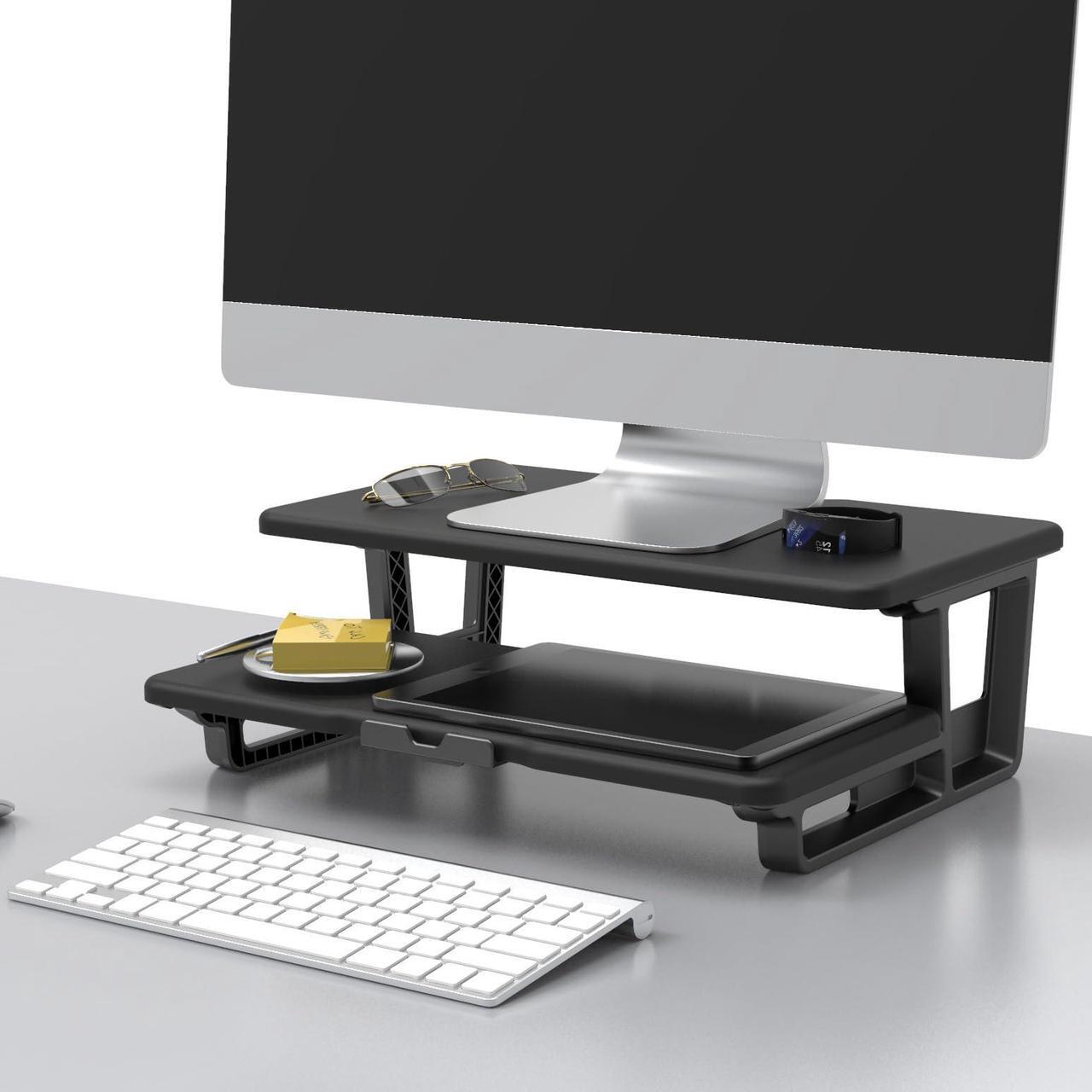 Alt view image 2 of 5 - Doowiit Monitor Stand Riser 2 Tier, monitor stand for desk with Phone Holder and Cable Management -2 Tiers Monitor Riser, TV Riser Stand, (Black)