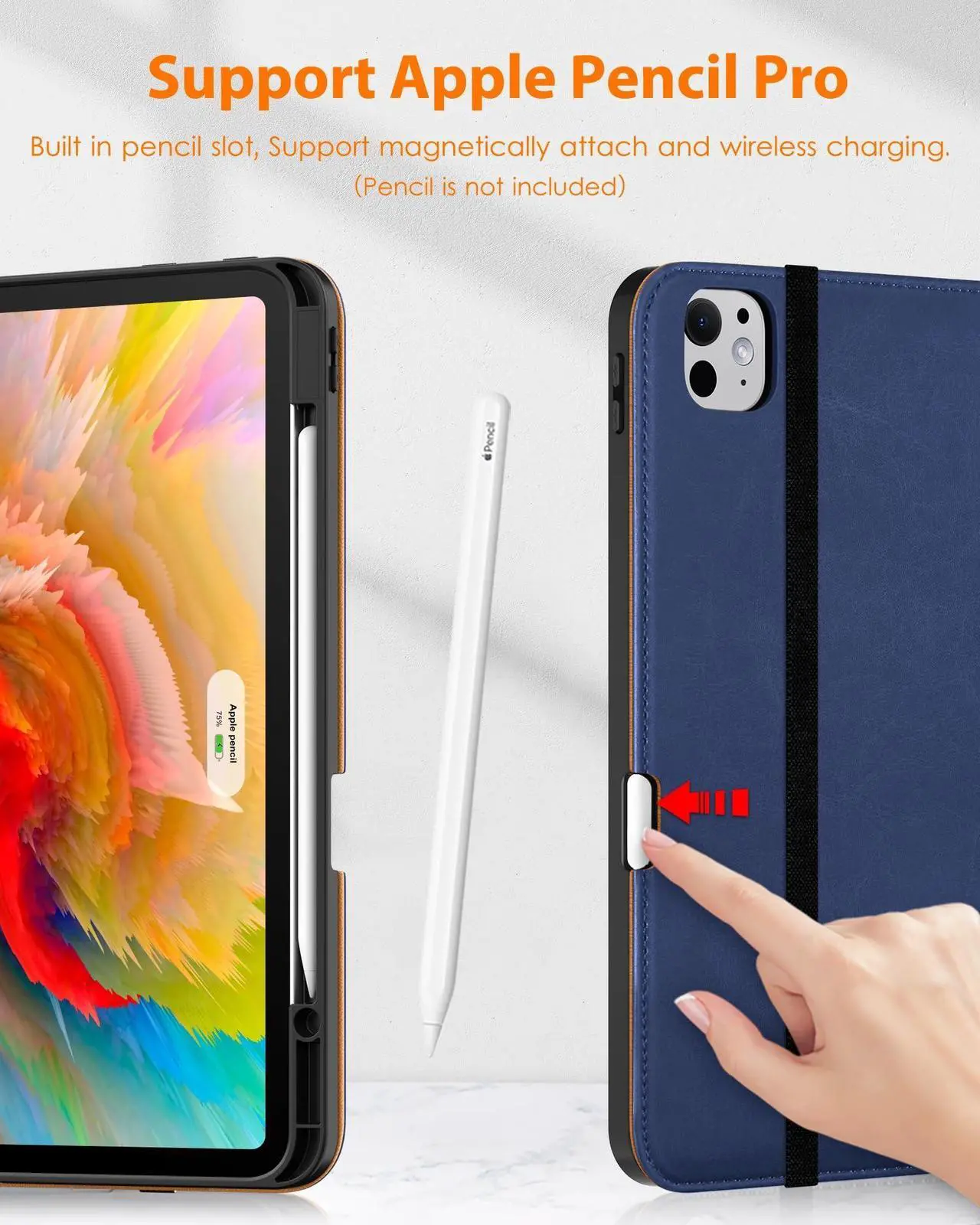 Alt view image 3 of 5 - DTTO for iPad Pro 13 inch Case (M4) 2024, Premium Leather Business Folio Stand Cover with Pencil Holder - Auto Wake/Sleep and Multiple Viewing Angles, Built in Hand Strap & Pocket, Navy Blue