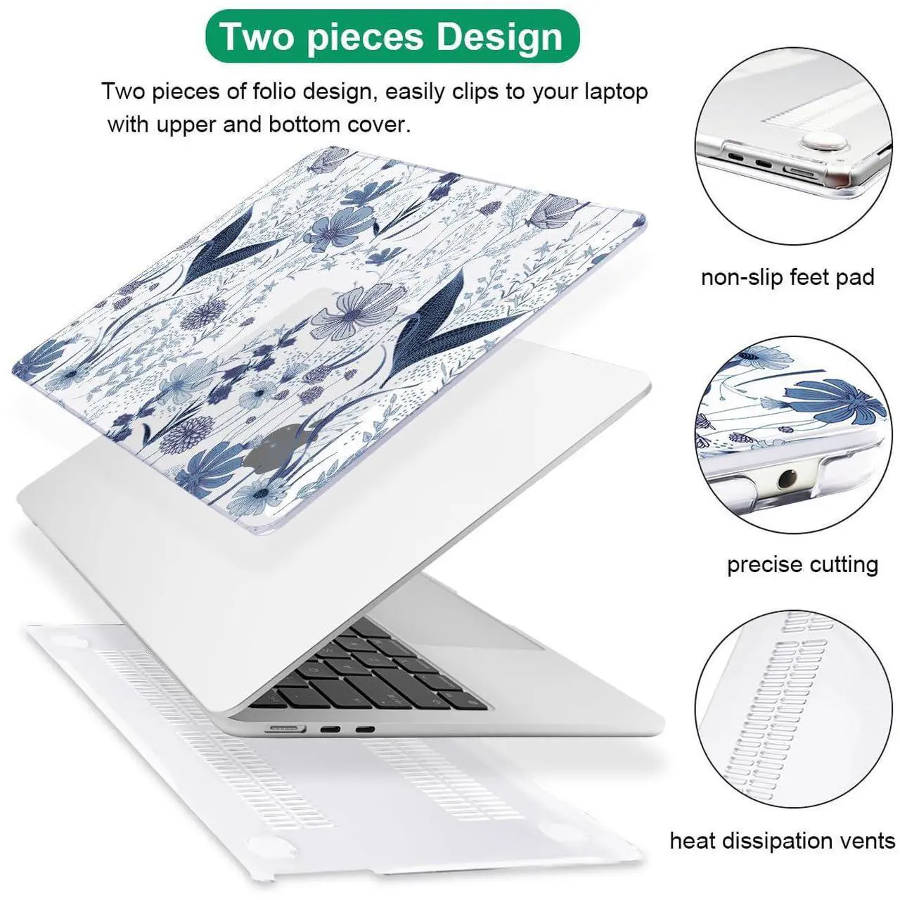 Alt view image 3 of 5 - LCMOCICO Case for M2 M3 MacBook Air 13.6 inch 2024 2023 2022 A2681 A3113 Cover with Liquid Retina Display Touch ID, Pattern Plastic Hard Shell Case Screen Film Keyboard Cover, Navy Blue Wild Flowers