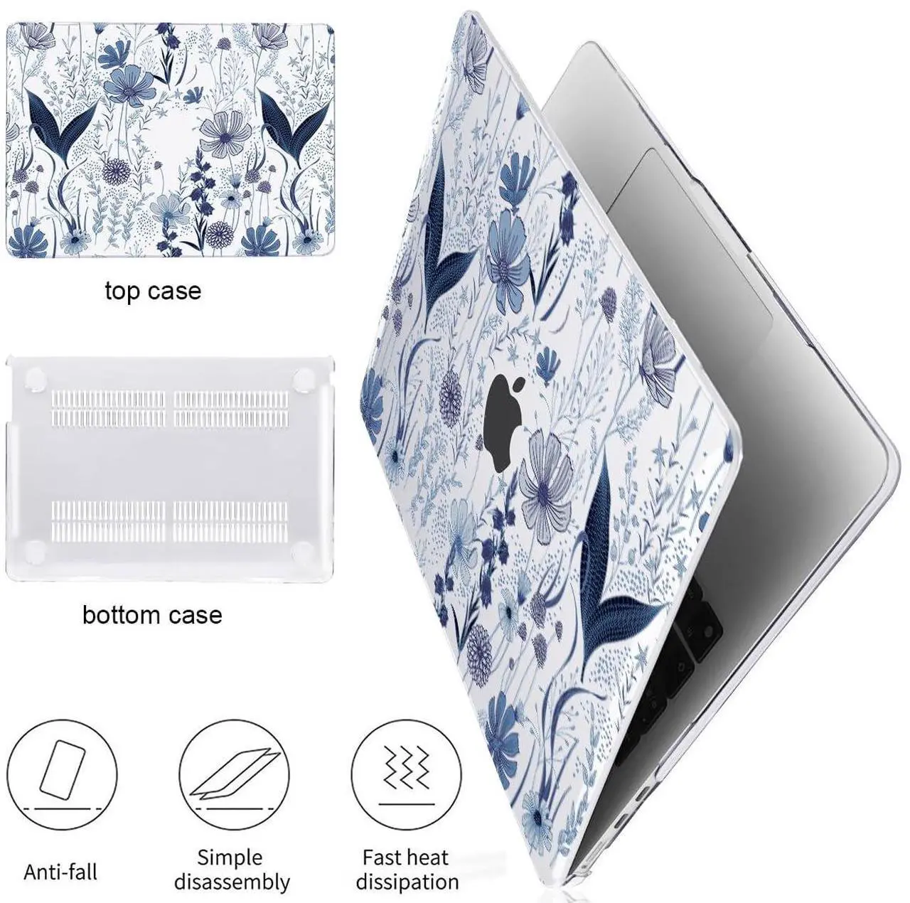 Alt view image 4 of 5 - LCMOCICO Case for M2 M3 MacBook Air 13.6 inch 2024 2023 2022 A2681 A3113 Cover with Liquid Retina Display Touch ID, Pattern Plastic Hard Shell Case Screen Film Keyboard Cover, Navy Blue Wild Flowers