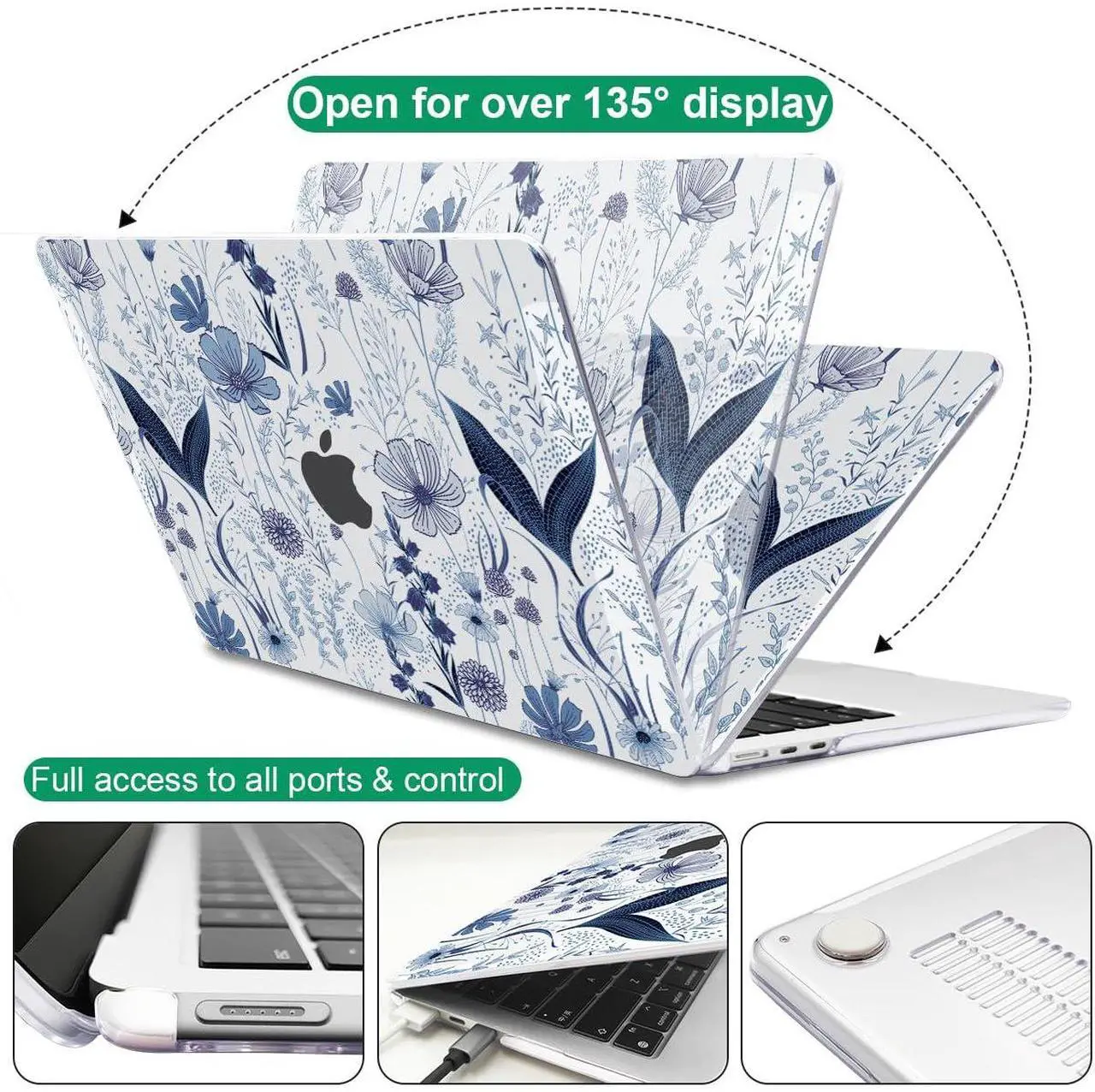 Alt view image 5 of 5 - LCMOCICO Case for M2 M3 MacBook Air 13.6 inch 2024 2023 2022 A2681 A3113 Cover with Liquid Retina Display Touch ID, Pattern Plastic Hard Shell Case Screen Film Keyboard Cover, Navy Blue Wild Flowers