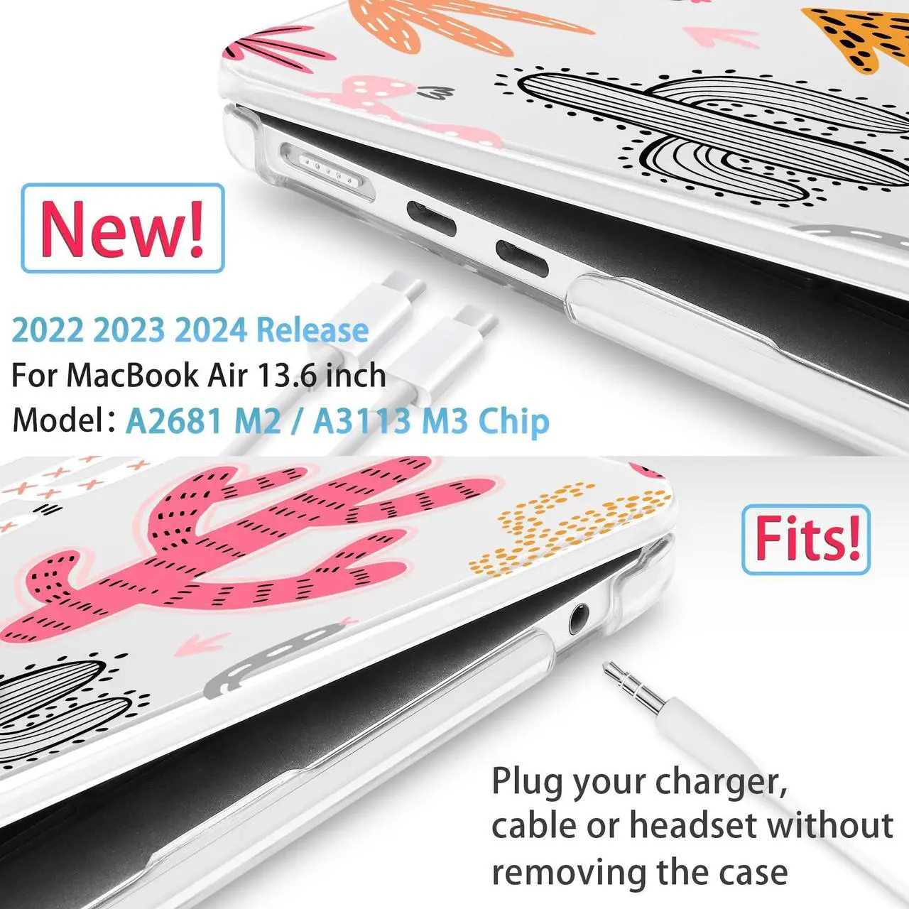 Alt view image 2 of 5 - Mektron for 2025 M4 MacBook Air 13.6 Inch A3240 Case Fits 2023 A2681 M2 2024 A3113 M3 Chip with Liquid Retina Display Touch ID, Printed Plastic Hard Shell Cover for MacBook Air 13.6", Colorful Cacti