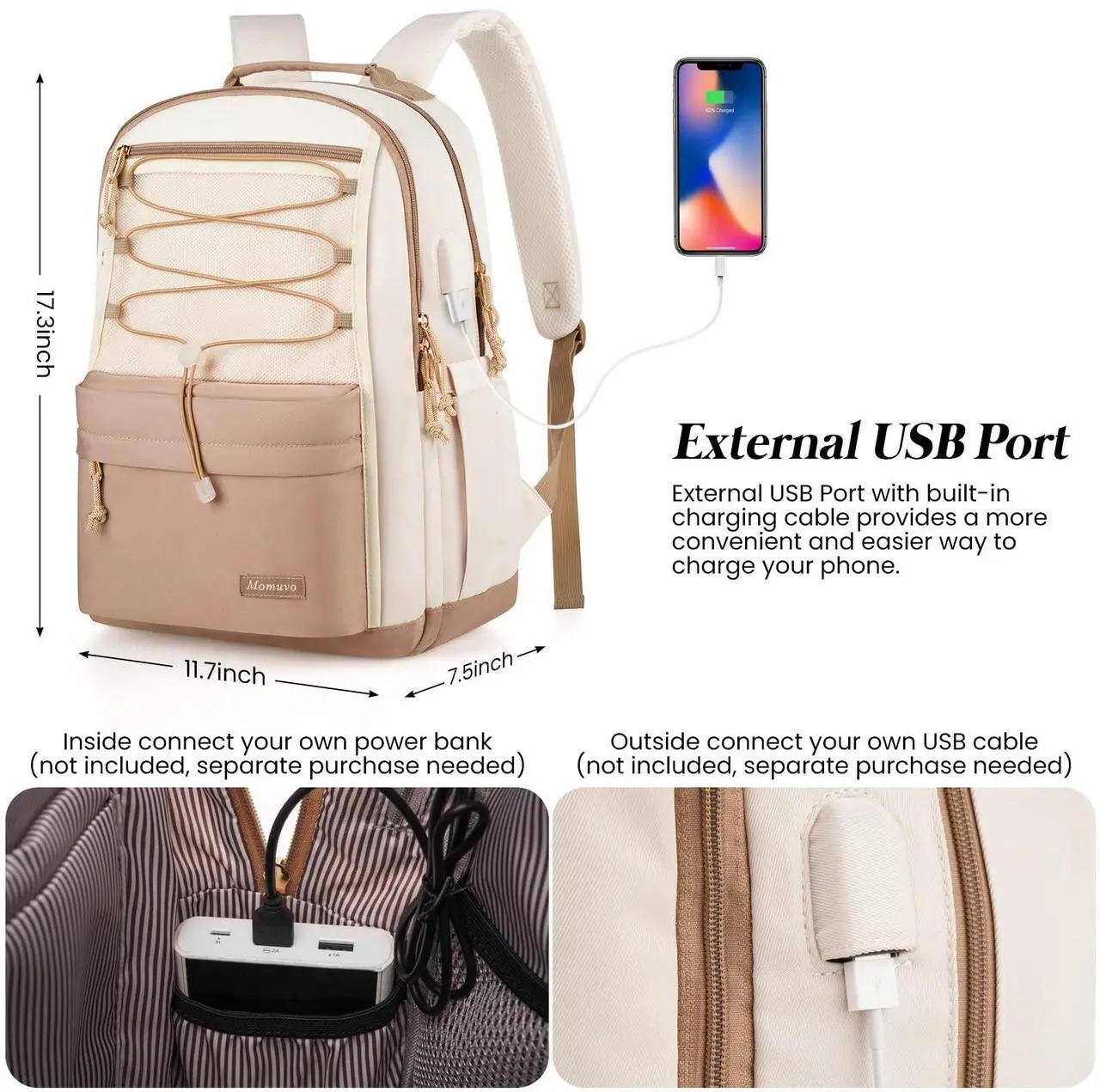 Alt view image 5 of 5 - MOMUVO Classic Backpack for Women, Lightweight High School Bookbag for Teens Girls, Waterproof 15.6 Inch Laptop Bag with USB Charging Port for College Work Travel Trip