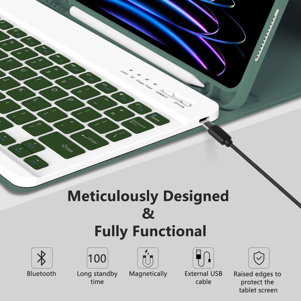 Alt view image 5 of 5 - MMK iPad Pro 11 inch 4th 3rd Gen Case with Keyboard, iPad Air 5th 4th 10.9 inch & iPad Air 11 inch (M2) 2024 Keyboard Case, Detachable Bluetooth Keyboard with Pencil Holder - Deep Green