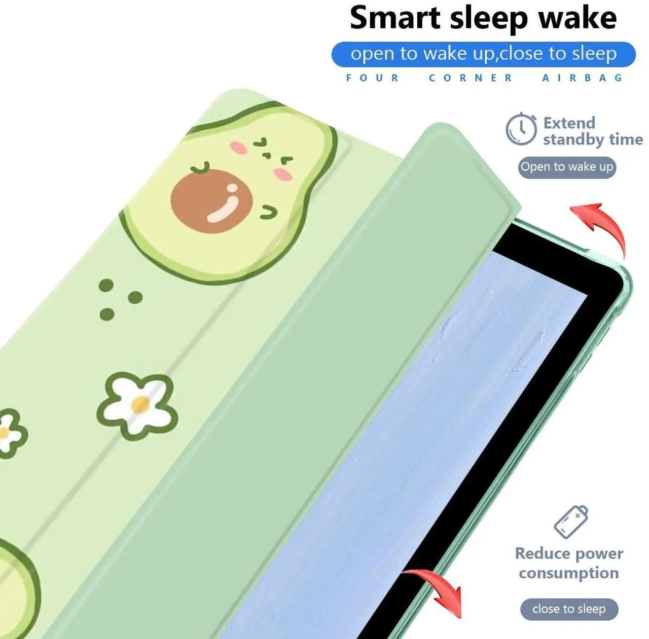 Alt view image 2 of 5 - JOYLAND Cute Avocado Printed for 10.9 Inch iPad 2022/10th Generation Case with Pencil Holder, Auto Wake/Sleep Foldable Cartoon Case, Green TPU Smart Stand Back Cover for Girls Women Kids