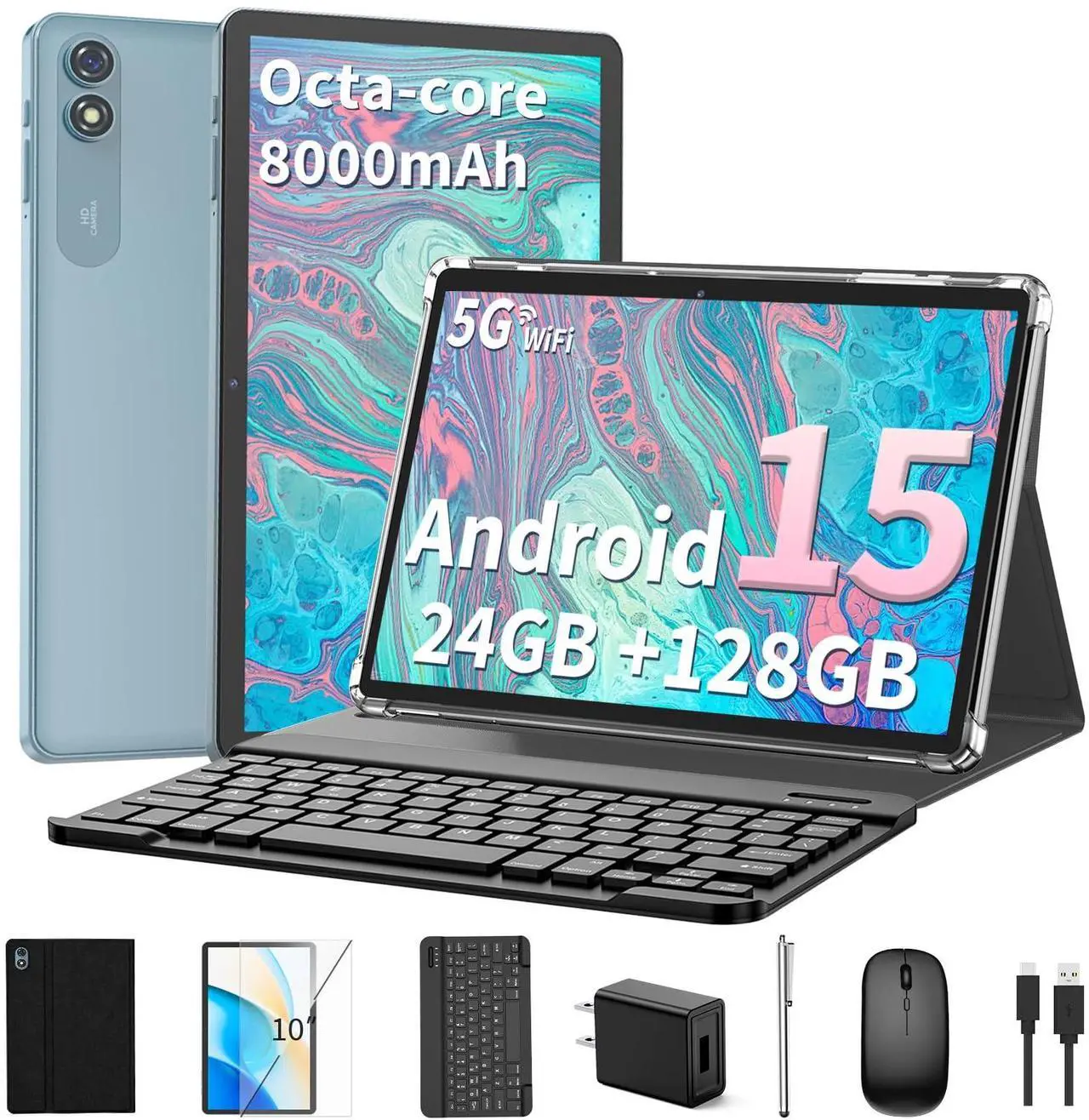 Main image of Relndoo 2025 Android 15 Tablet with Keyboard, 24GB+128GB+2TB Expand, 10.1 Inch Octa-Core 2-in-1 Tablets with 5G/2.4G WiFi, 8000mAh, BT5.0, GMS Certified, with Mouse, Case, Stylus, Split Screen(Black)