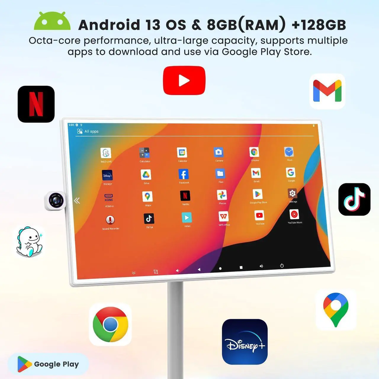 Alt view image 3 of 5 - BIGASUO 32-Inch Portable Smart Screen 1080p Portable Monitor with Rotatable Touch Screen, 8G RAM+128G Storage, Android 13 OS, Built-in Battery(4-6H), Rolling TV on Wheels, Remote Control