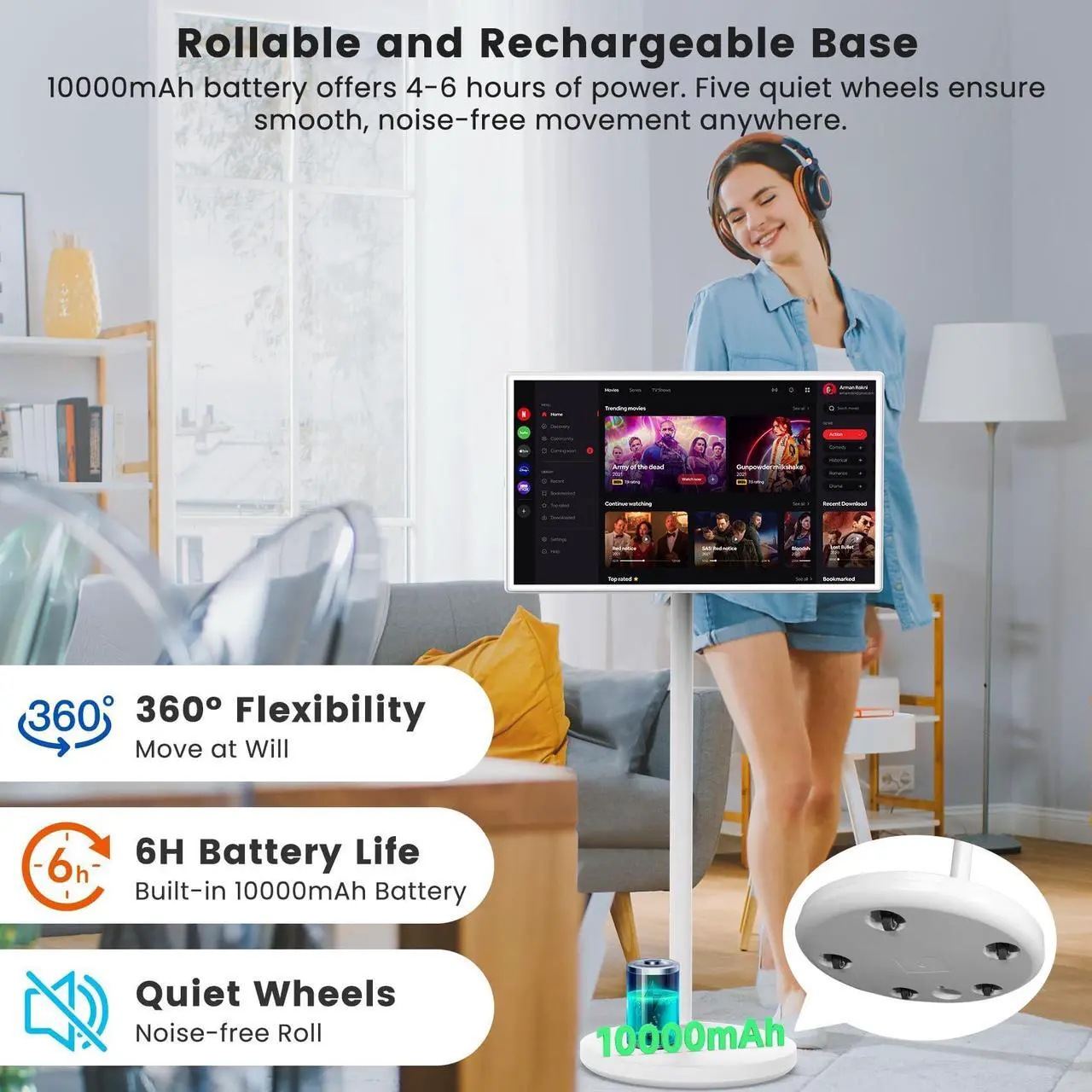 Alt view image 5 of 5 - BIGASUO 32-Inch Portable Smart Screen 1080p Portable Monitor with Rotatable Touch Screen, 8G RAM+128G Storage, Android 13 OS, Built-in Battery(4-6H), Rolling TV on Wheels, Remote Control