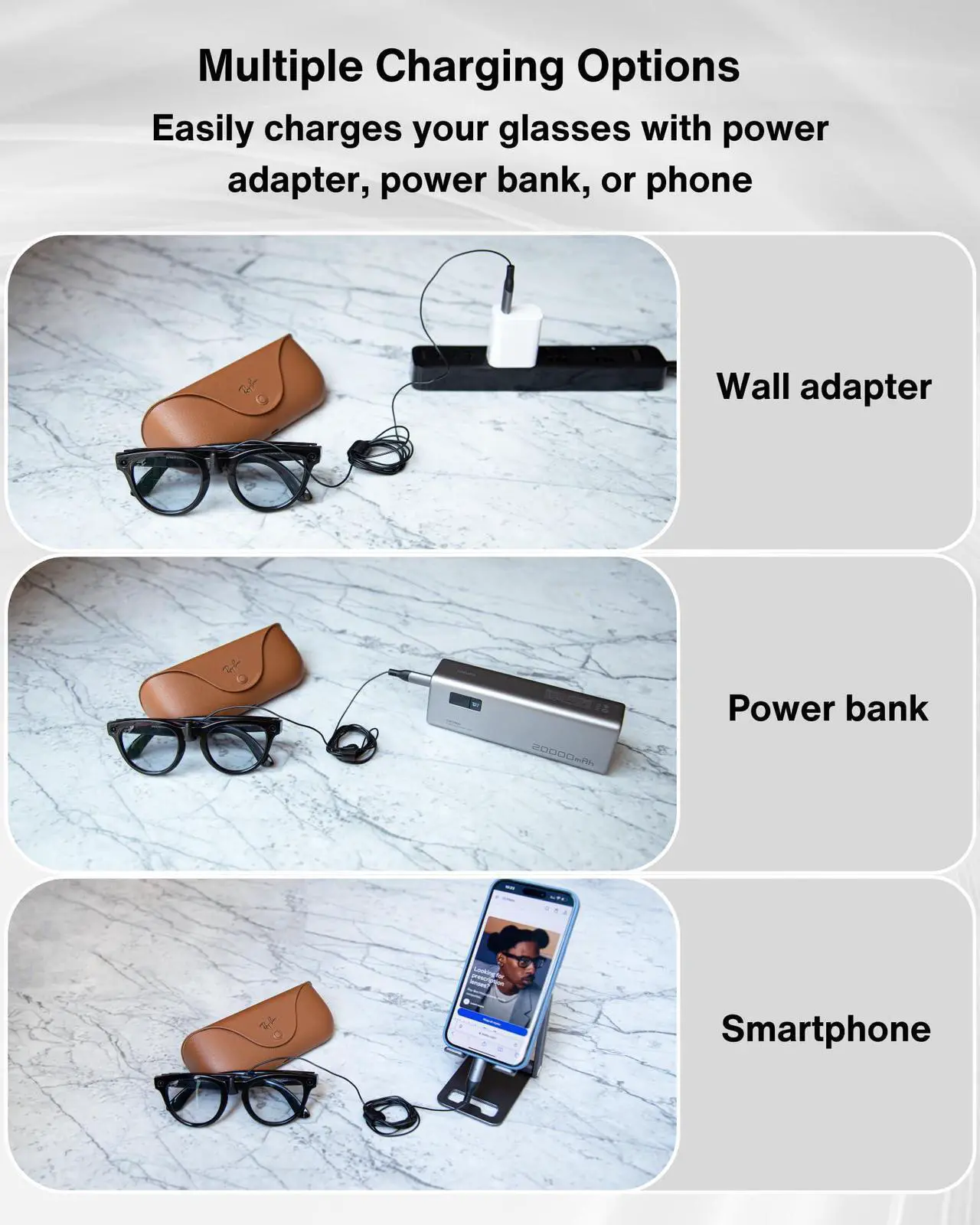 Alt view image 3 of 5 - Steinwhale Charging Cable for RayBan Meta Glasses with LED Indicator  Fast Charging for Wayfarer, Headliner, Skyler Models, Multiple Charging Options (Charger, Phone, Power Bank), Portable & Safe