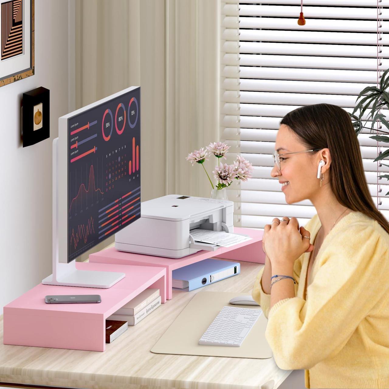 Alt view image 2 of 5 - TEAMIX 2 Pack Pink Monitor Riser-20L inch, Cute Monitor Stand for Desk, Wood Sturdy TV/Screen/PC/Printer/Laptop Riser, Computer Shelf with Storage Desktop Organizer for Home Office