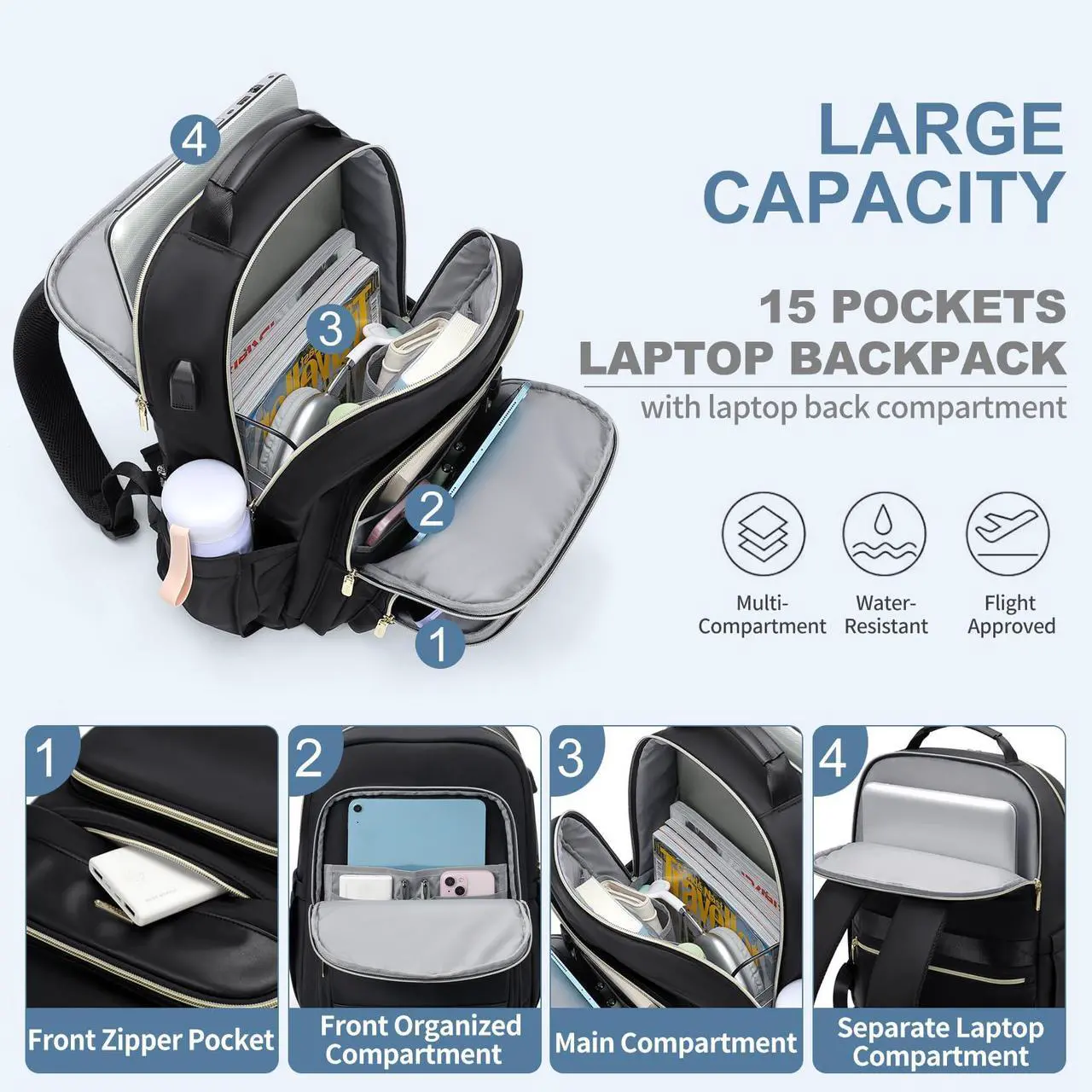Alt view image 3 of 5 - VNINE Travel Laptop Backpack for Women Men 15.6 Inch Work Bags with USB Port Large Capacity Travel Bags Water Resistant Business Computer Backpack Purse Casual Daypacks for College Nurse