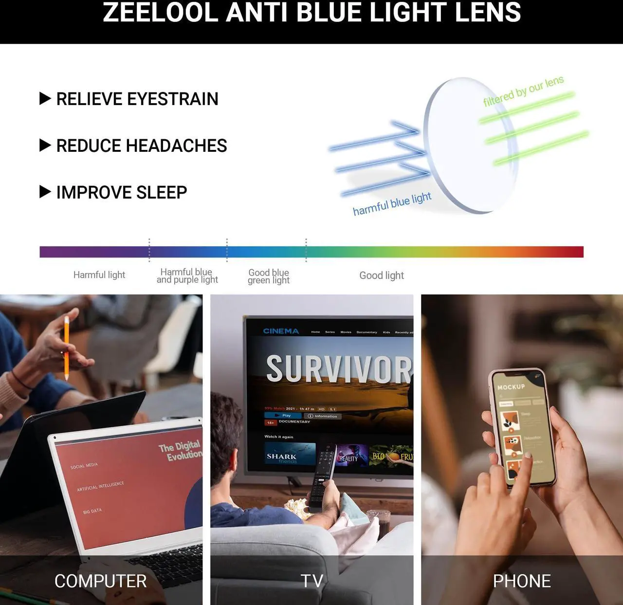 Alt view image 5 of 5 - Zeelool Blue Light Blocking Glasses for Men, Rectangle Fashion Glasses Frame Eyeglasses with Anti UV Glare & Eyestrain Lens ZJGA996987-02B
