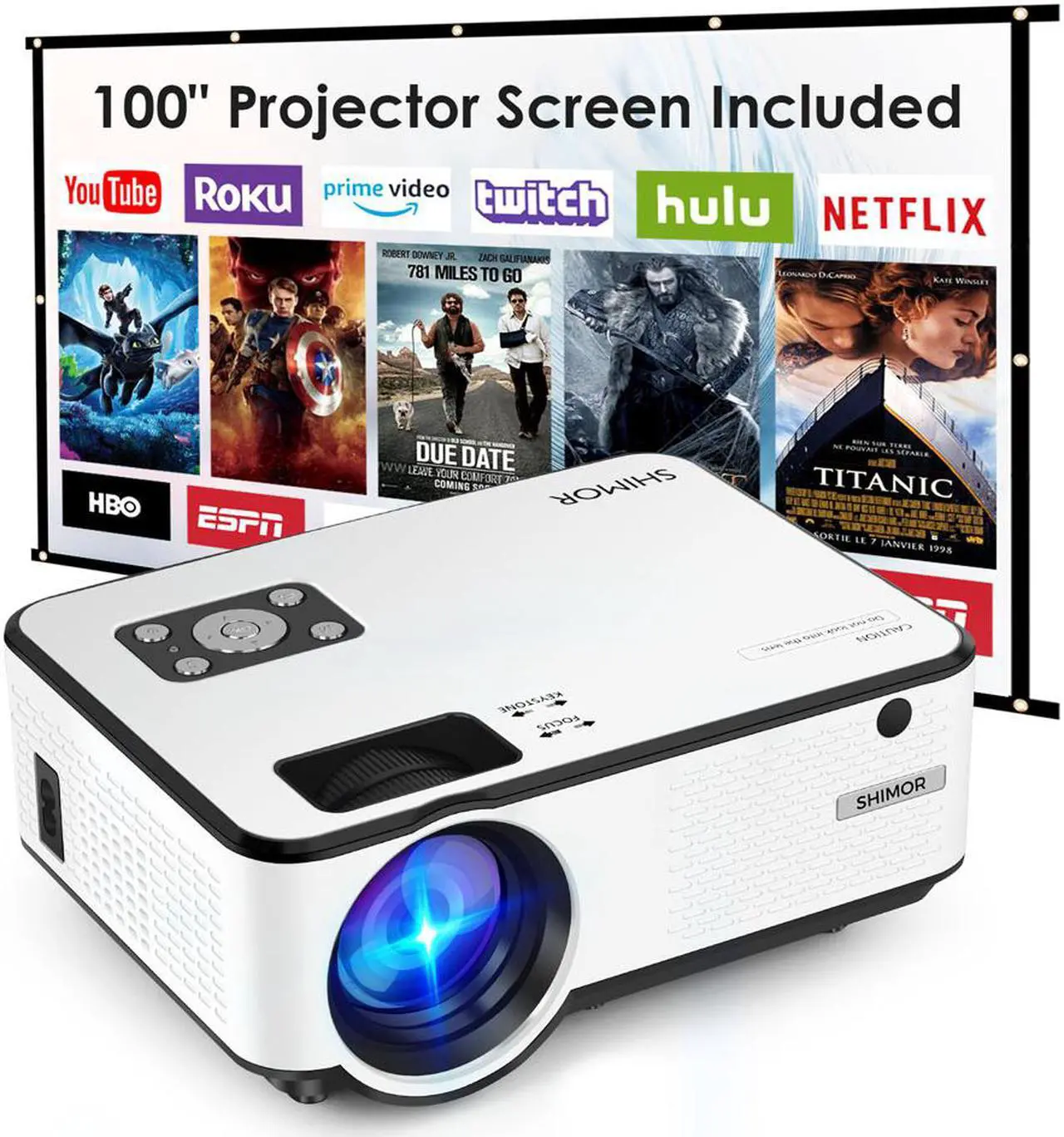 Main image of Mini Projector, SHIMOR C9 Portable Movie Projector with 100Inch Projector Screen, 1080P Supported Compatible with TV Stick, Video Games, HDMI,USB,TF,VGA,AUX,AV