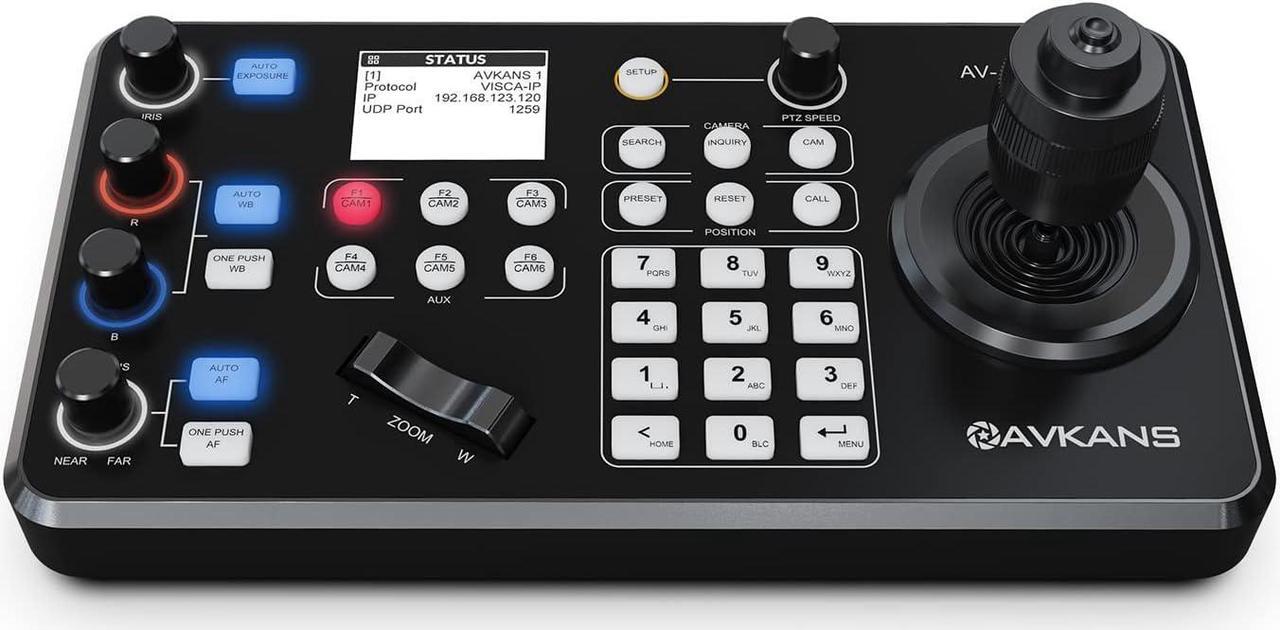 Main image of AVKANS Super PTZ Camera Joystick Controller, NDI Camera Controller Keyboard with 4D Joystick for Live Streaming, Onvif Visca Over IP RS422 RS485 RS232 Pelco-D/P Support