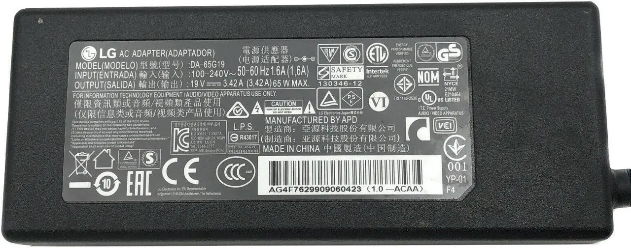 Alt view image 2 of 4 - Original LG AC Adapter 19V 43MU79 34UM64 34UM69G-B Monitor Power Supply w/PC