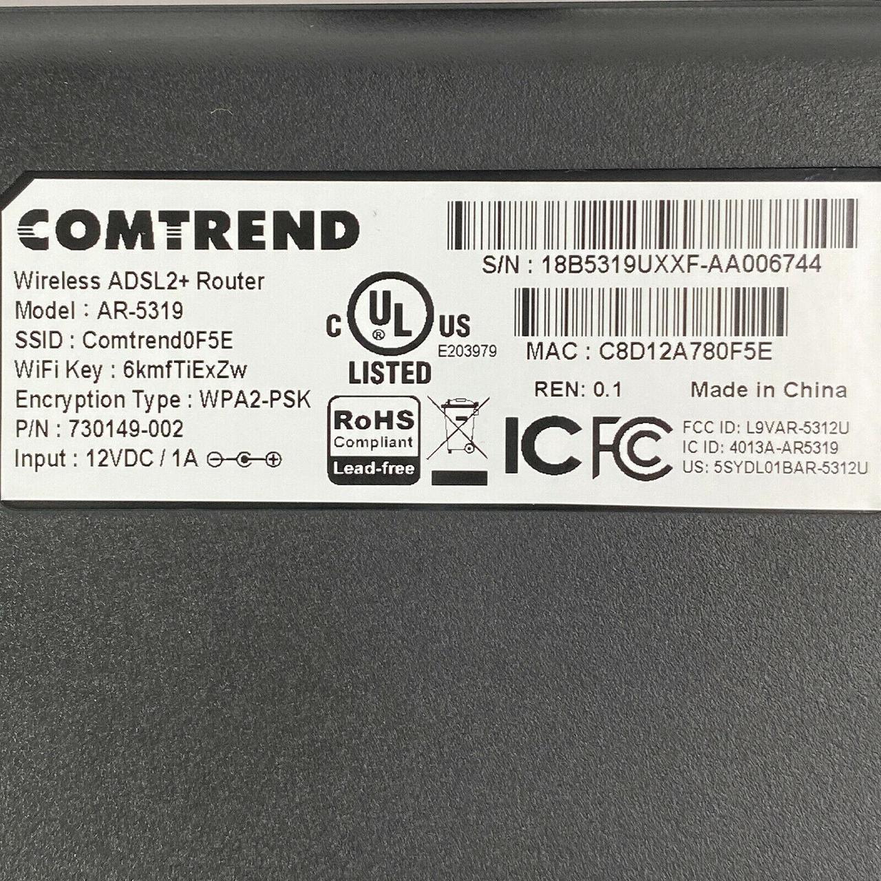 Alt view image 7 of 7 - Comtrend AR-5319 Wireless N Gateway 4-port Ethernet ADSL 2+ Router Modem USB 3.0 with AC Adapter