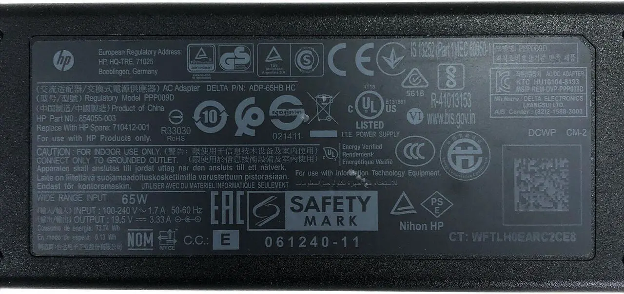 Alt view image 2 of 6 - Genuine HP AC Adapter Charger Power Supply 19.5V 3.33A 65W pin 4.5x3.0 mm Blue Tip APD-65HB PPP009D 854055-003 710412-001 w/Cord OEM