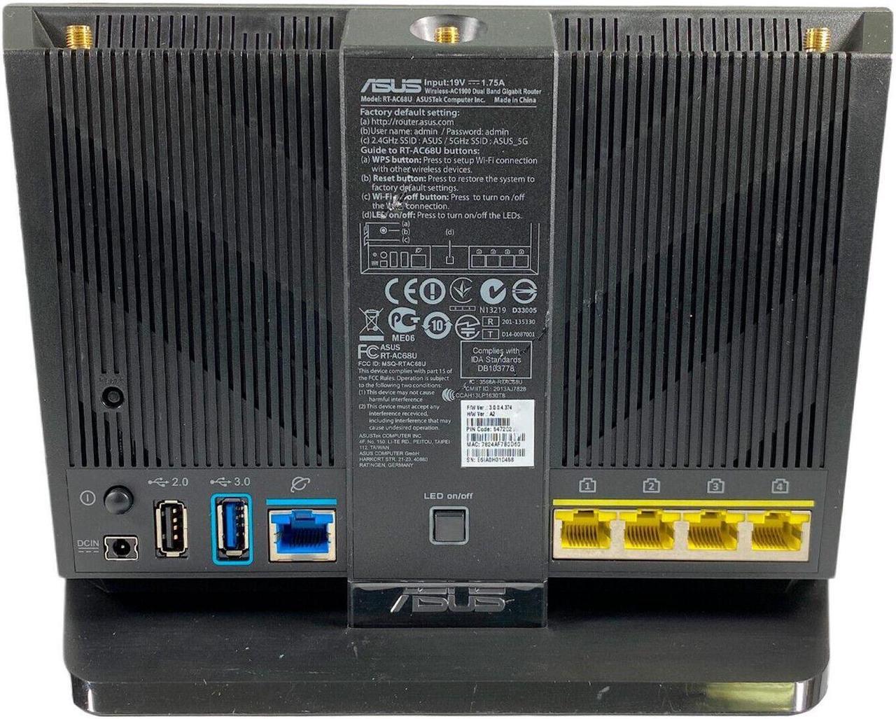 Alt view image 2 of 4 - Asus RT-AC68U AC1900 Dual Band Gigabit Wi-Fi Wireless Router with USB 3.0 Port w/ Adapter