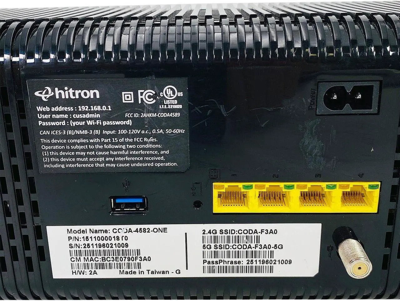 Alt view image 2 of 5 - Hitron Coda-4582-ONE MDC DOCSIS 3.1 Cable Modem Router w/Power Cord