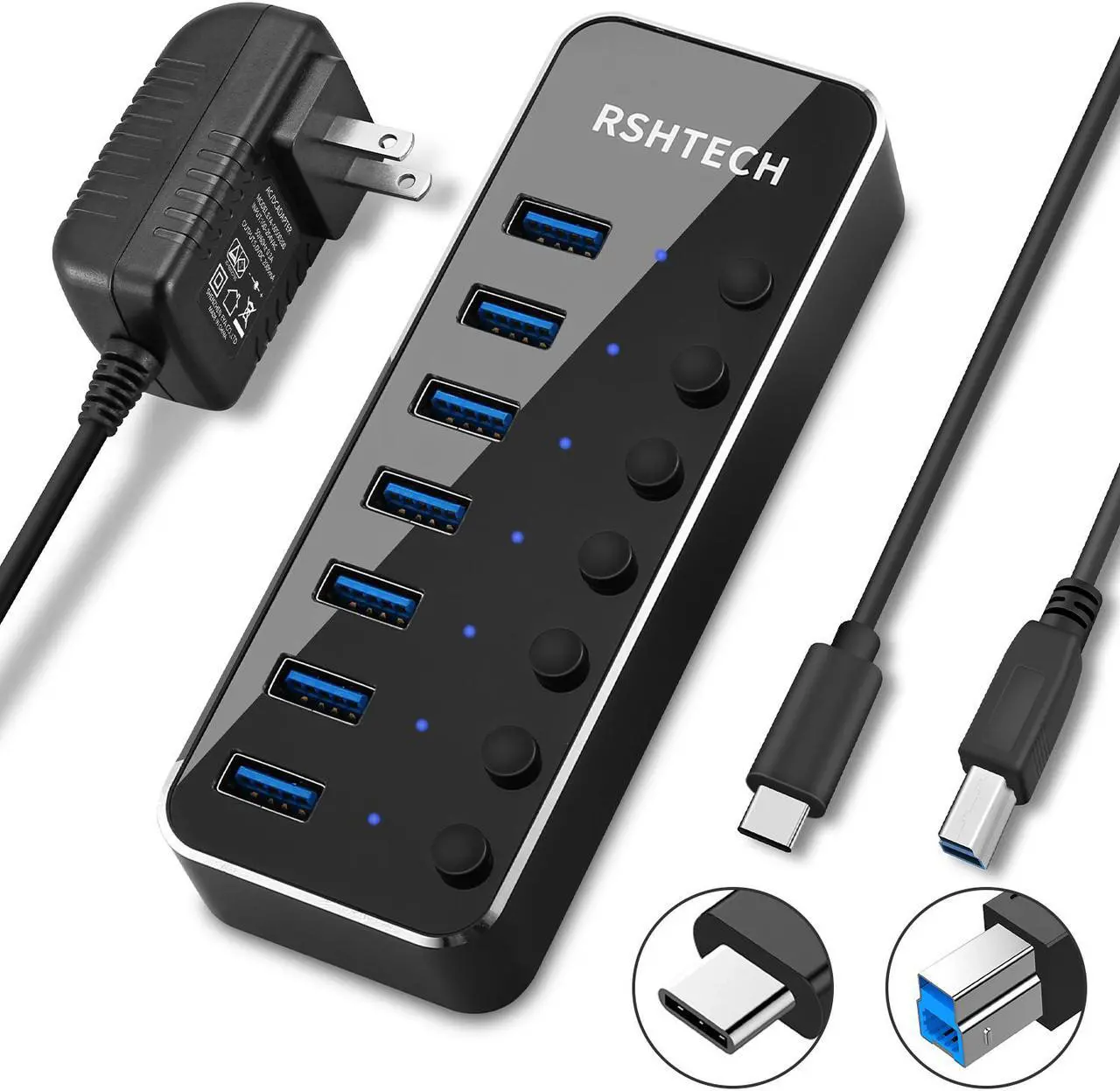 Main image of Powered USB HUB RSHTECH Type C to 7 Port USB 3.0 Hub Aluminum Portable Splitter with Individual On/Off Switches (RSH-518C)