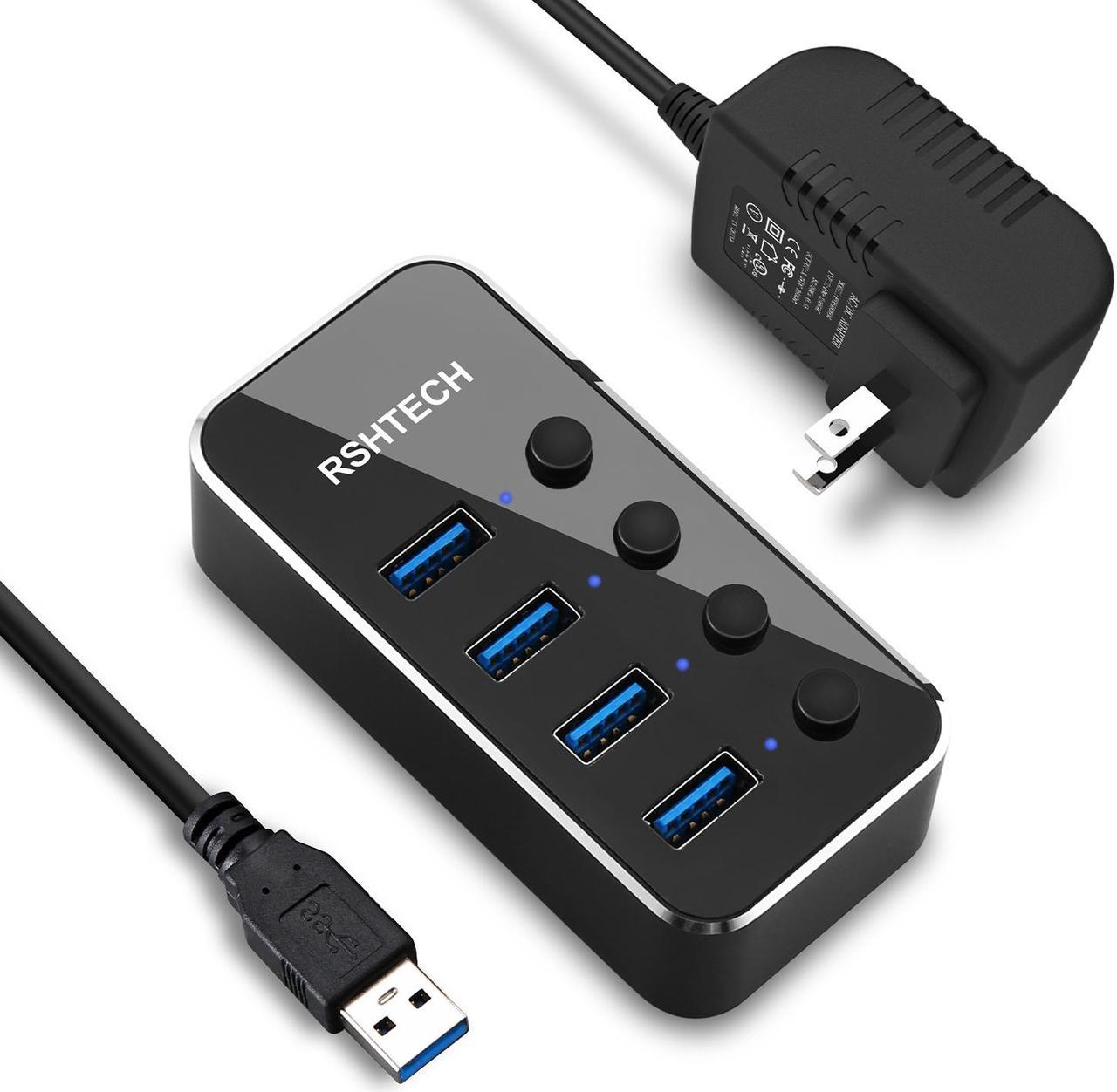 Powered USB 3.0 Hub, RSHTECH 4 Port USB Hub Splitter Aluminum USB Data Hub Expander with Individual On/Off Switch and Universal 5V AC Adapter, 3.3ft USB 3.0 Cable(RSH-516)