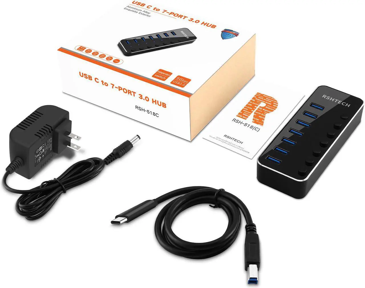 Alt view image 6 of 5 - Powered USB HUB RSHTECH Type C to 7 Port USB 3.0 Hub Aluminum Portable Splitter with Individual On/Off Switches (RSH-518C)