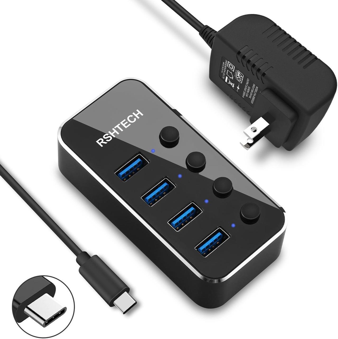 Powered USB C Hub RSHTECH Aluminum USB C to 4 USB 3.0 Super Speed Data Ports with Individual On/Off Switches and Universal 5V/2A Power Adapter (RSH-516C)