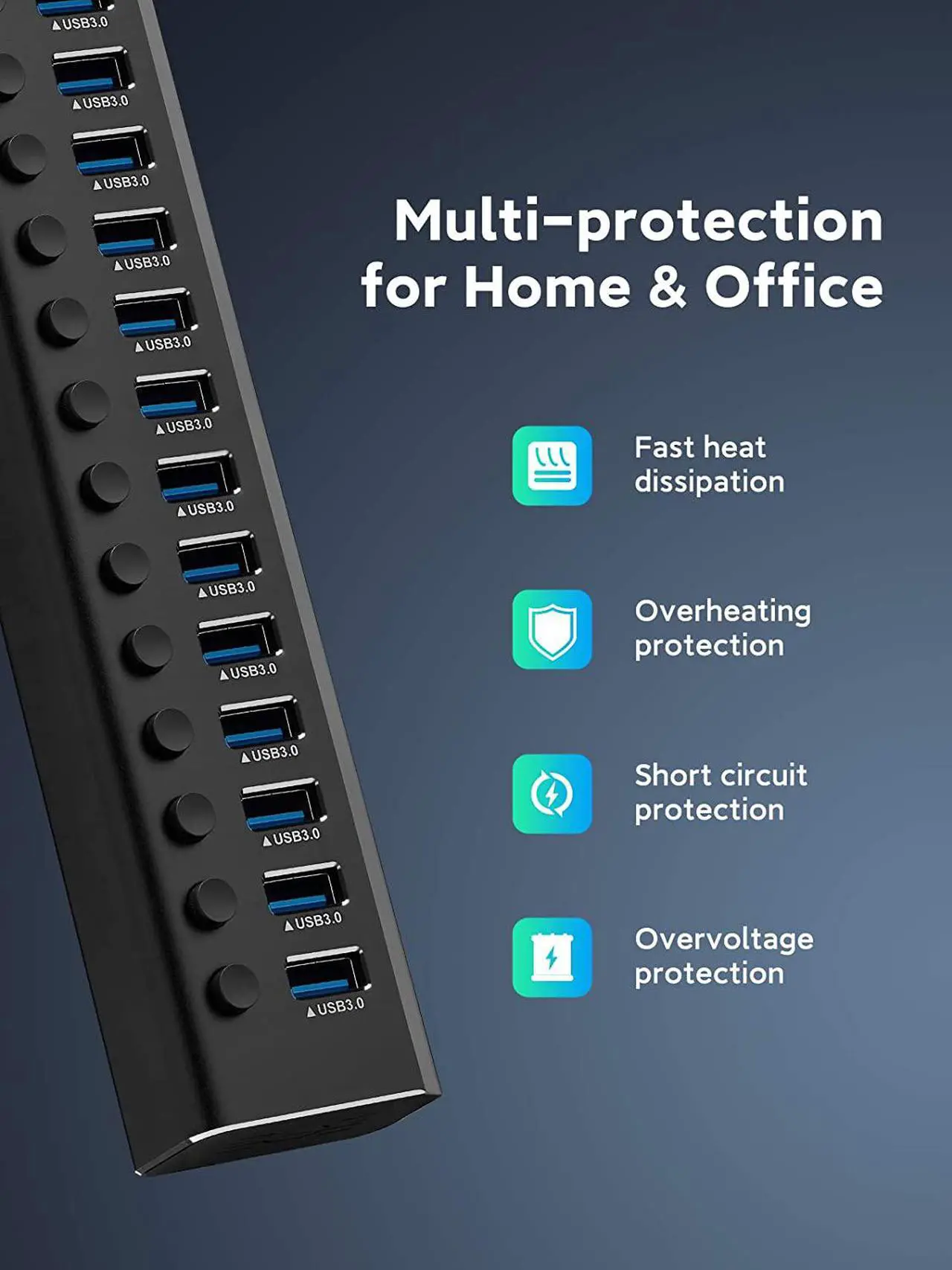 Alt view image 5 of 7 - Rosonway Powered USB Hub 16 Ports 100W USB 3.0 Data Hub Aluminum USB Hub 3.0 Splitter with 12V/8.3A UL Certified Power Adapter and Individual On/Off Switches RSW-A16 (Black)