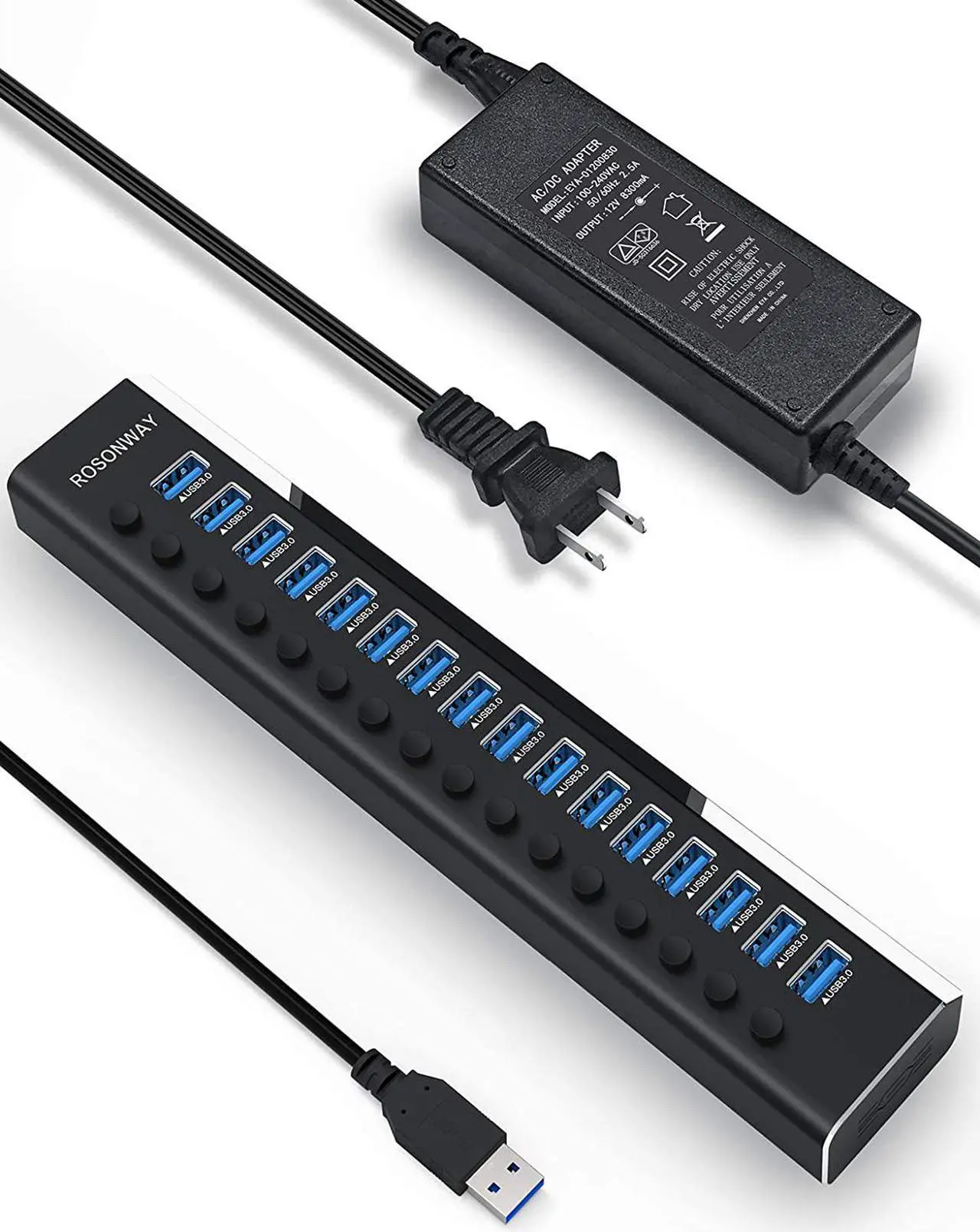 Main image of Rosonway Powered USB Hub 16 Ports 100W USB 3.0 Data Hub Aluminum USB Hub 3.0 Splitter with 12V/8.3A UL Certified Power Adapter and Individual On/Off Switches RSW-A16 (Black)