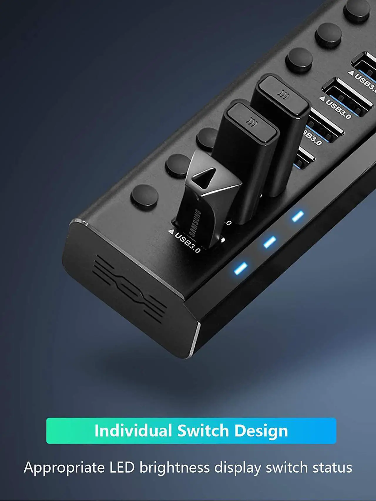 Alt view image 6 of 7 - Rosonway Powered USB Hub 16 Ports 100W USB 3.0 Data Hub Aluminum USB Hub 3.0 Splitter with 12V/8.3A UL Certified Power Adapter and Individual On/Off Switches RSW-A16 (Black)