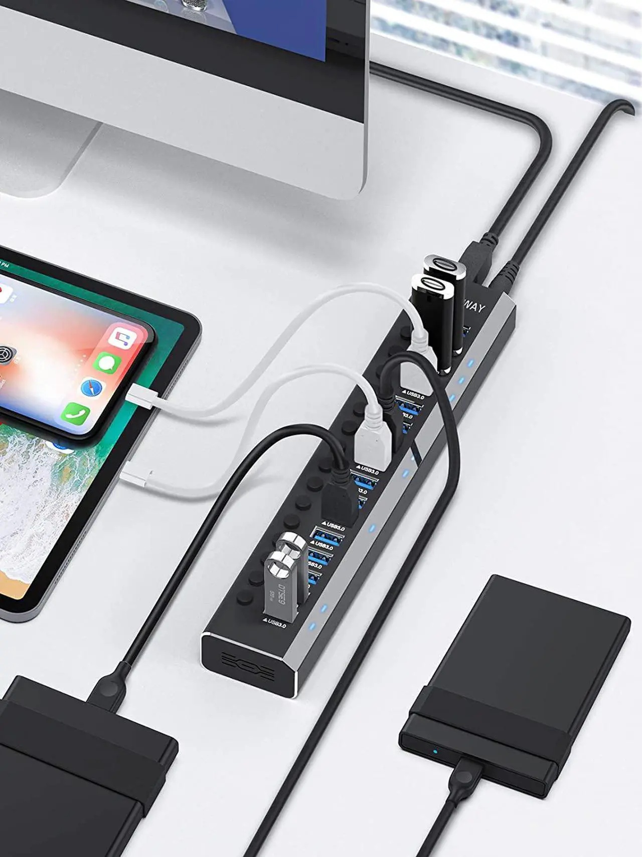 Alt view image 7 of 7 - Rosonway Powered USB Hub 16 Ports 100W USB 3.0 Data Hub Aluminum USB Hub 3.0 Splitter with 12V/8.3A UL Certified Power Adapter and Individual On/Off Switches RSW-A16 (Black)