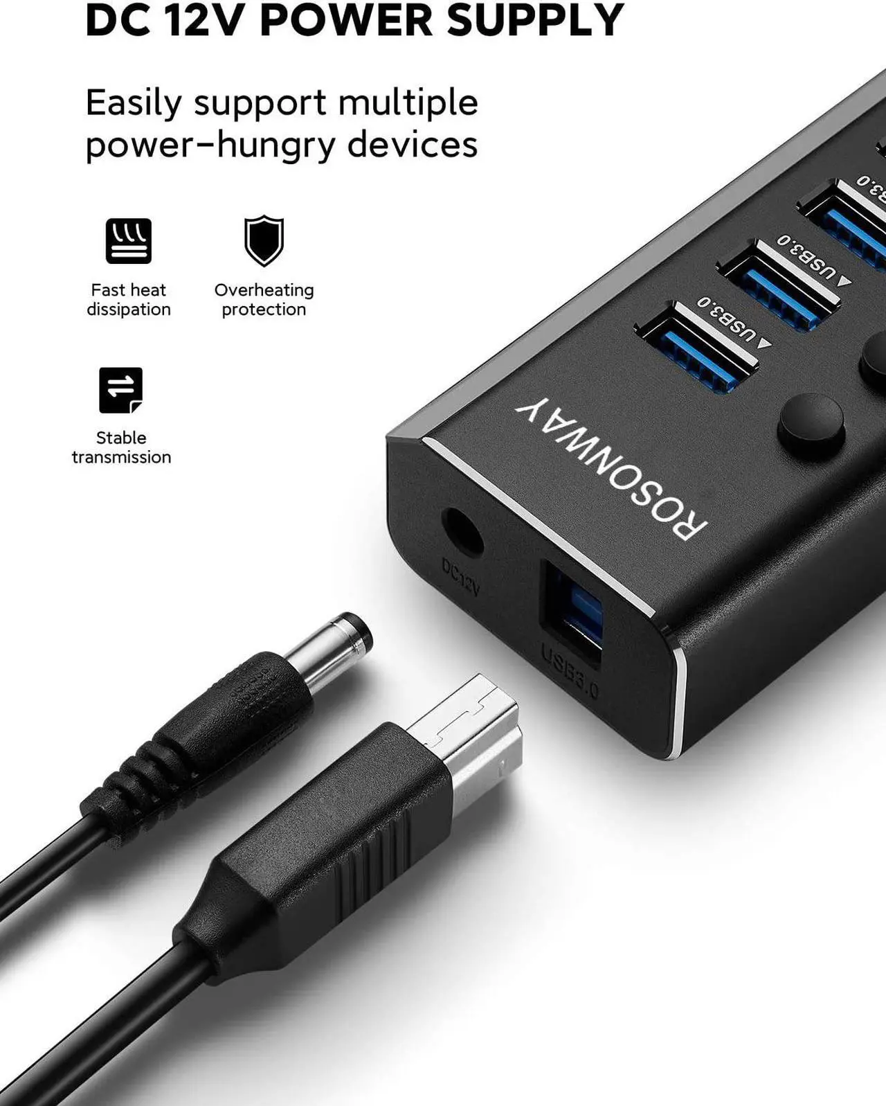 Alt view image 4 of 7 - Rosonway Powered USB Hub 16 Ports 100W USB 3.0 Data Hub Aluminum USB Hub 3.0 Splitter with 12V/8.3A UL Certified Power Adapter and Individual On/Off Switches RSW-A16 (Black)