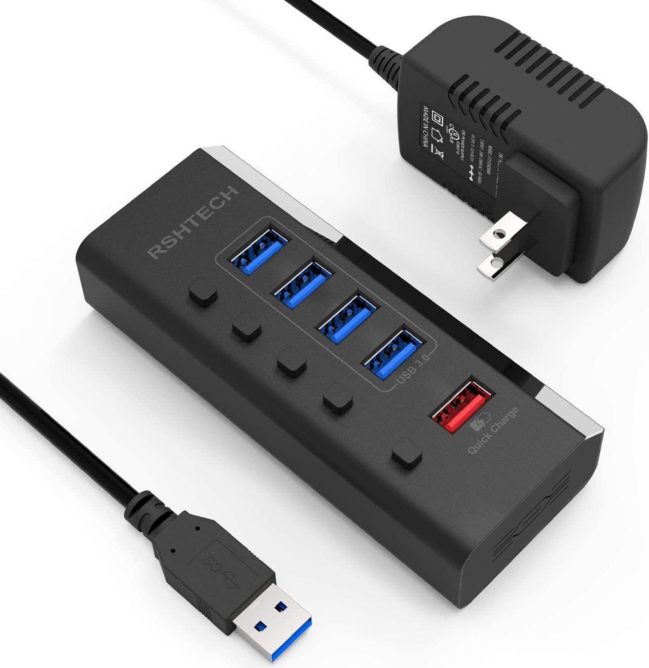 Powered USB Hub, RSHTECH USB 3 Hub with 4 USB 3.0 Data Ports + 1 USB Fast Charging Port, USB Splitter with 24W(12V/2A) Power Adapter and Individual On/Off Switches(A35-Black)