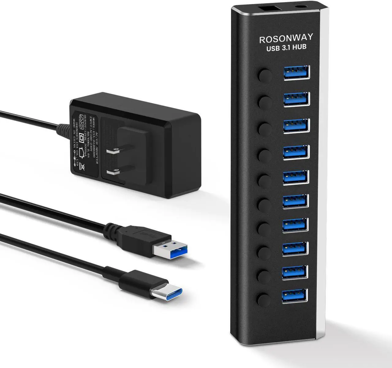 Main image of Powered USB Hub, Rosonway 10 Port USB 3.1 Hub 10Gbps with 36W (12V/3A) Power Adapter, Type A and Type C Cables, Aluminum USB C Hub Splitter for PC and Laptop (RSH-A10S)